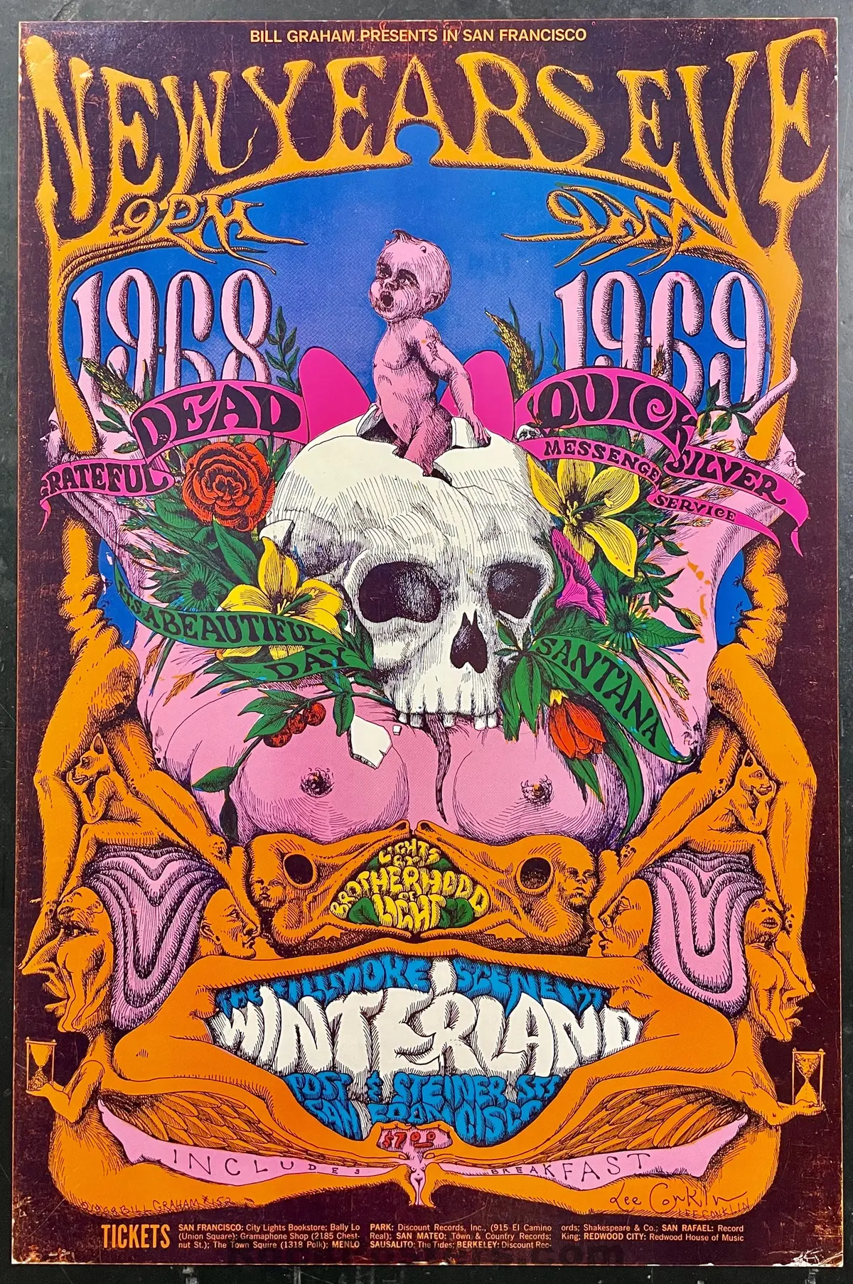 Auction - Bg-152 - Grateful Dead - Lee Conklin Signed - 1968/69 New Years Poster - Winterland - Excellent 1