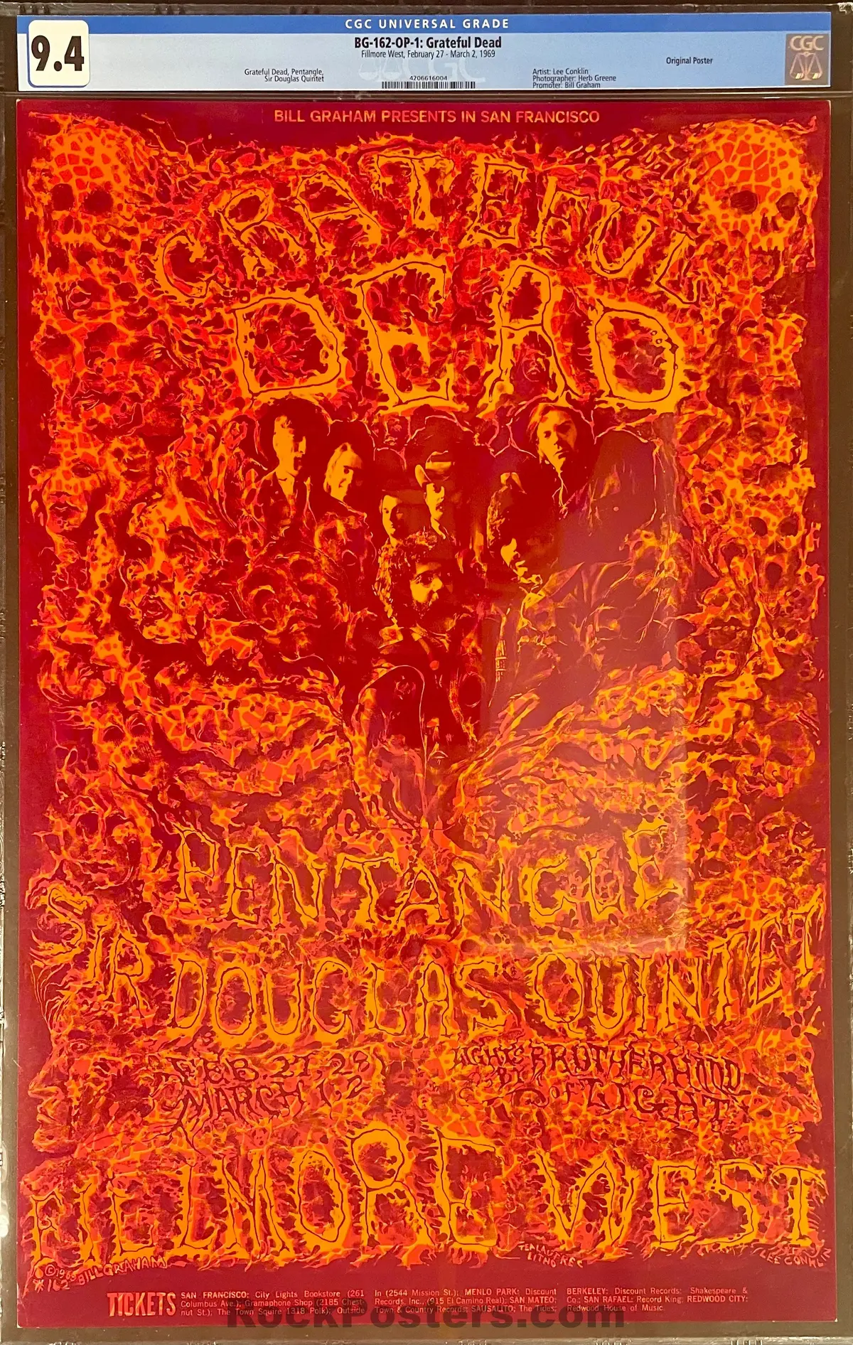 Auction - Bg-162 - The Grateful Dead - Lee Conklin - 1969 Poster - Fillmore Auditorium - Cgc Graded 9.4 1
