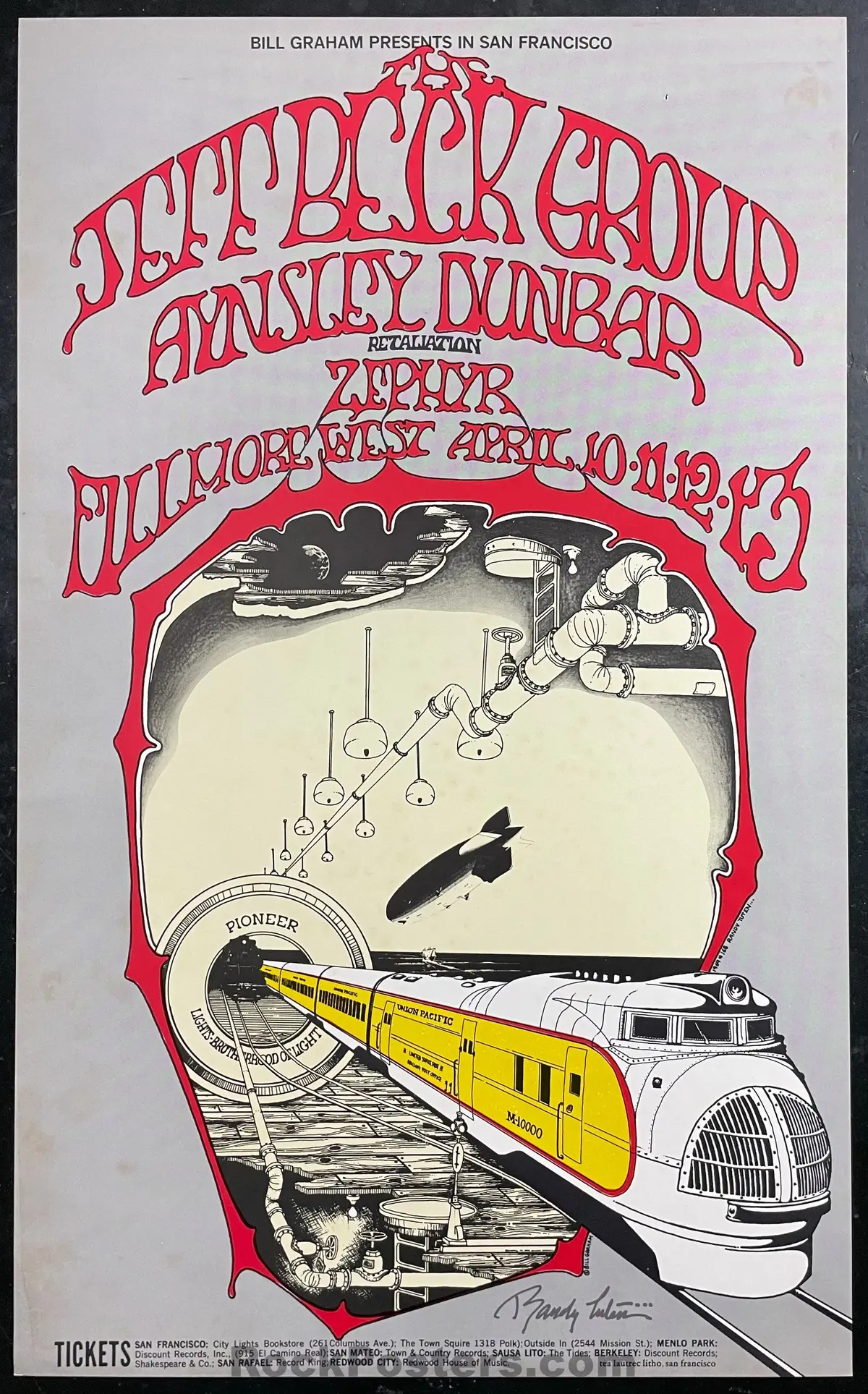 Auction - Bg-168 - Jeff Beck - Randy Tuten Signed - 1969 Poster - Fillmore West - Excellent 1