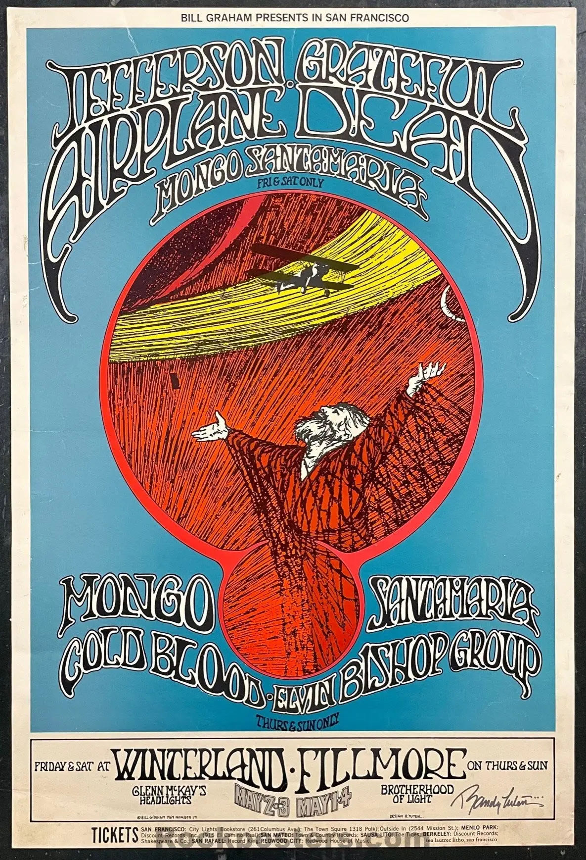 Auction - Bg-171 - Grateful Dead - Jefferson Airplane - Randy Tuten Signed - 1969 Poster - Winterland - Very Good 1