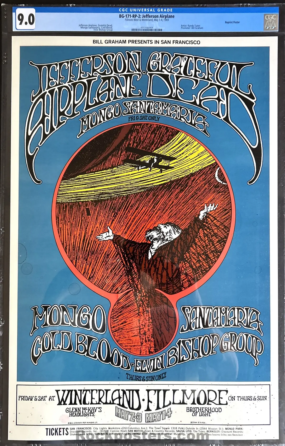 Auction - Bg-171-Rp-2 - Grateful Dead - Jefferson Airplane - Randy Tuten - 1969 Poster - Fillmore & Winterland - Cgc Graded 9.0 1