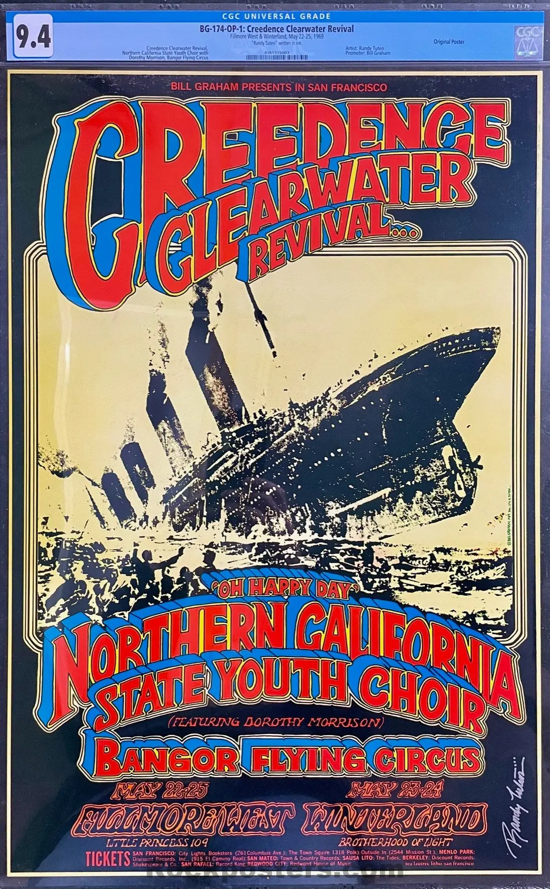 Auction - Bg-174 - Creedence Clearwater - Randy Tuten Signed - 1969 Poster - Fillmore West & Winterland -  Cgc Graded 9.4 1