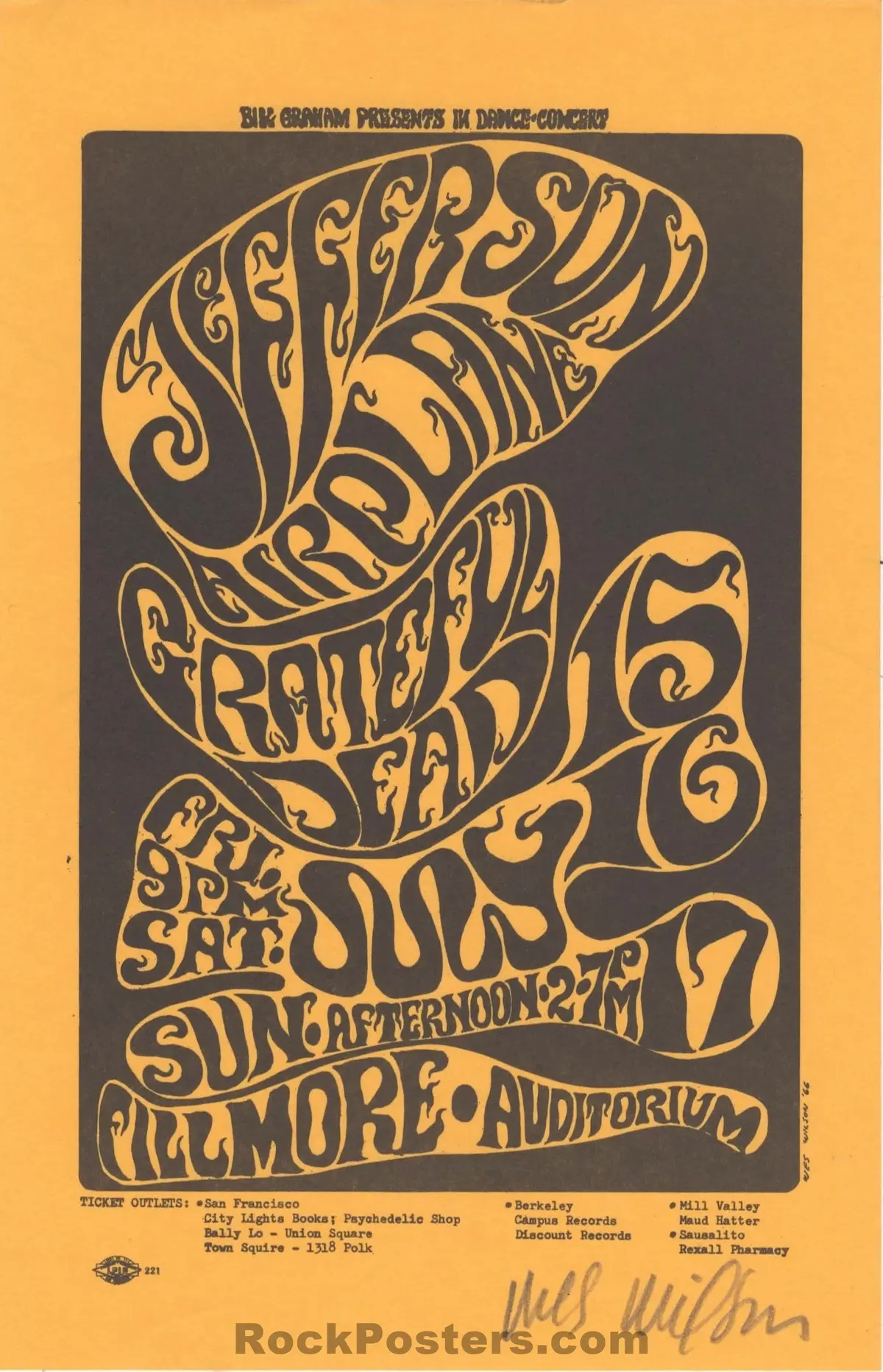 Auction - Bg-17 - Grateful Dead - Jefferson Airplane - Wes Wilson Signed - 1966 Handbill - Fillmore Auditorium - Near Mint 1