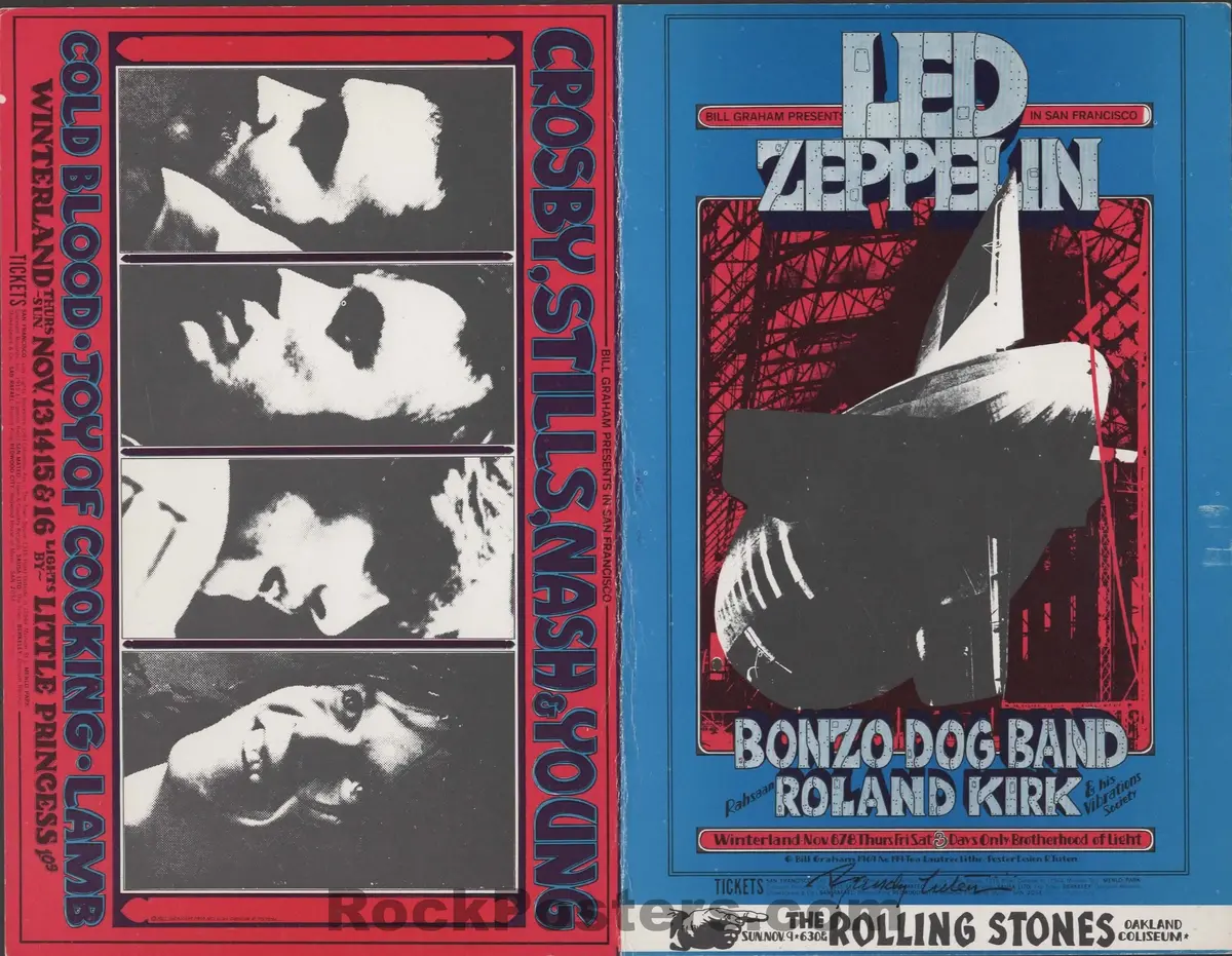 Auction - Bg-199/Bg-200 - Led Zeppelin - Csny - Randy Tuten Signed - Winterland - 1969 Mailed Double Postcard - Excellent 1