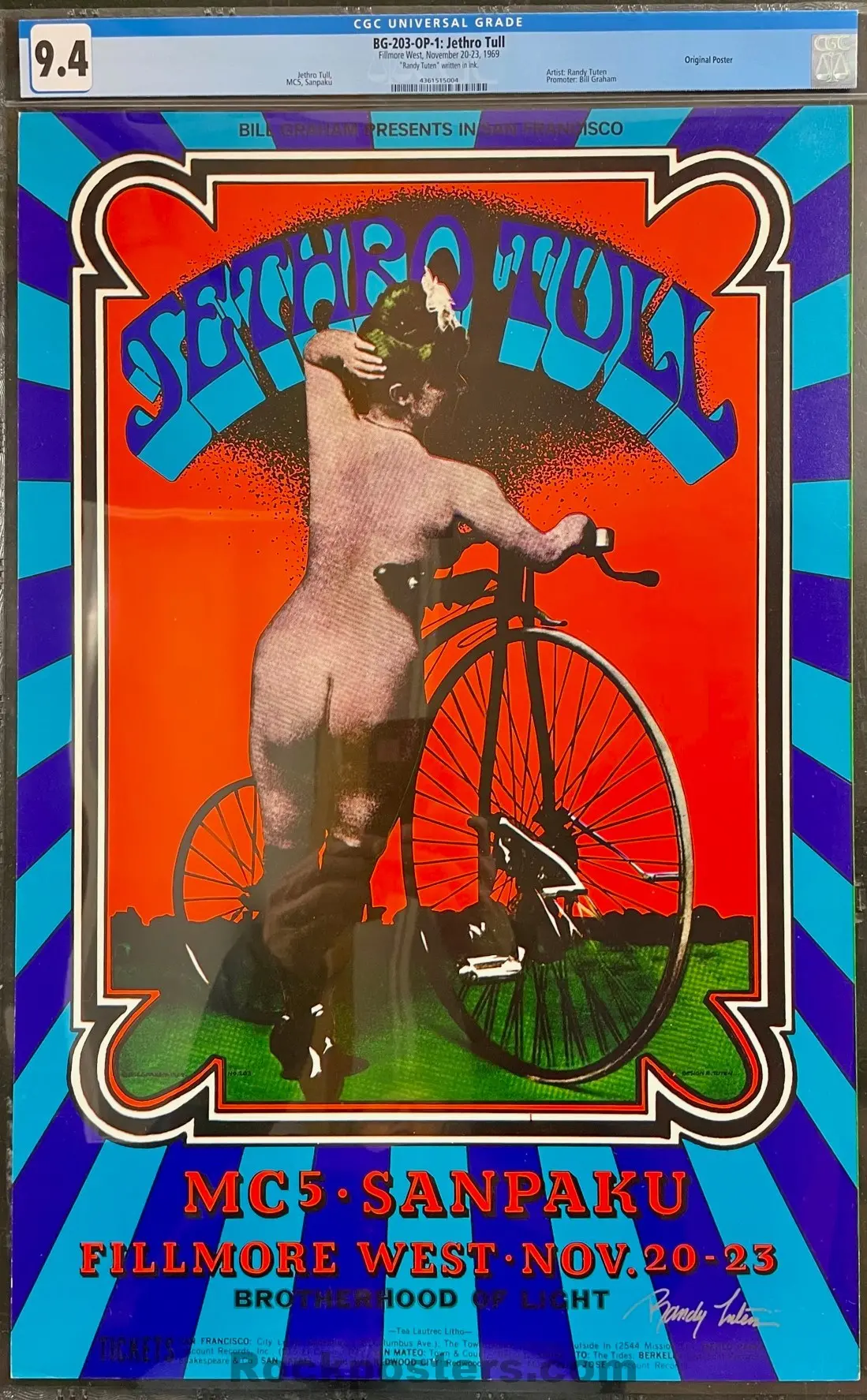 Auction - Bg-203 - Jethro Tull Mc5 - Randy Tuten Signed  - Fillmore West - 1969 Poster - Cgc Graded 9.4 1