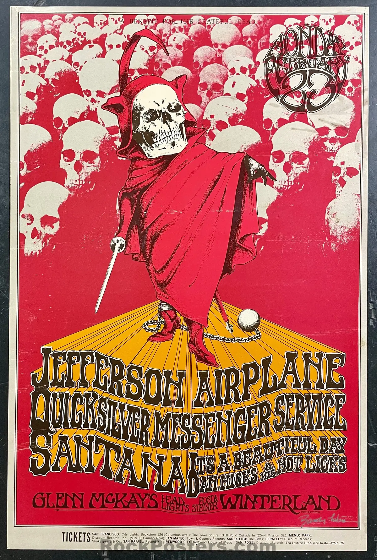 Auction - Bg-222 - Benefit For Grateful Dead - Randy Tuten Signed - 1970 Poster - Winterland - Excellent 1