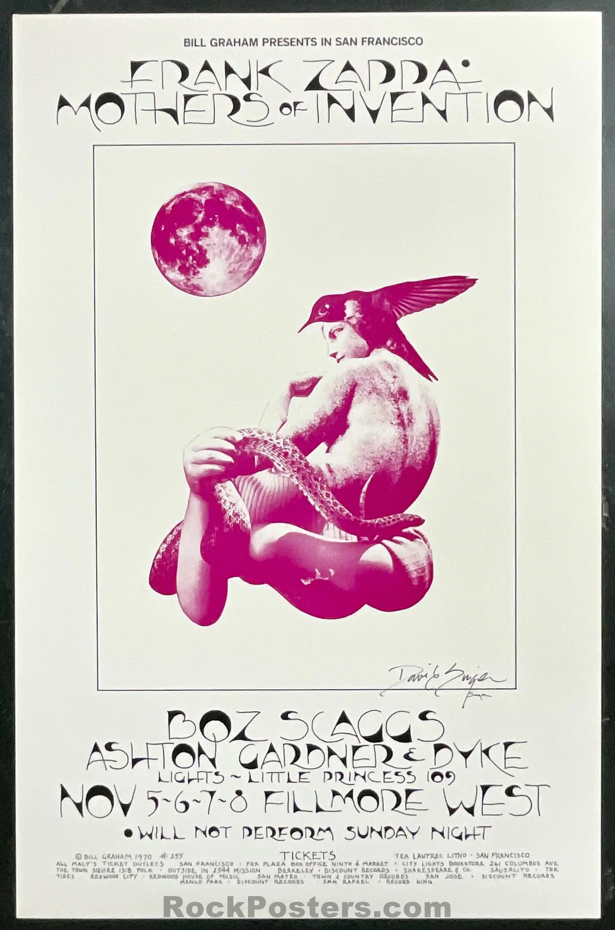 Auction - Bg-255 - Frank Zappa - David Singer Signed - 1968 Poster - Fillmore West - Near Mint Minus 1