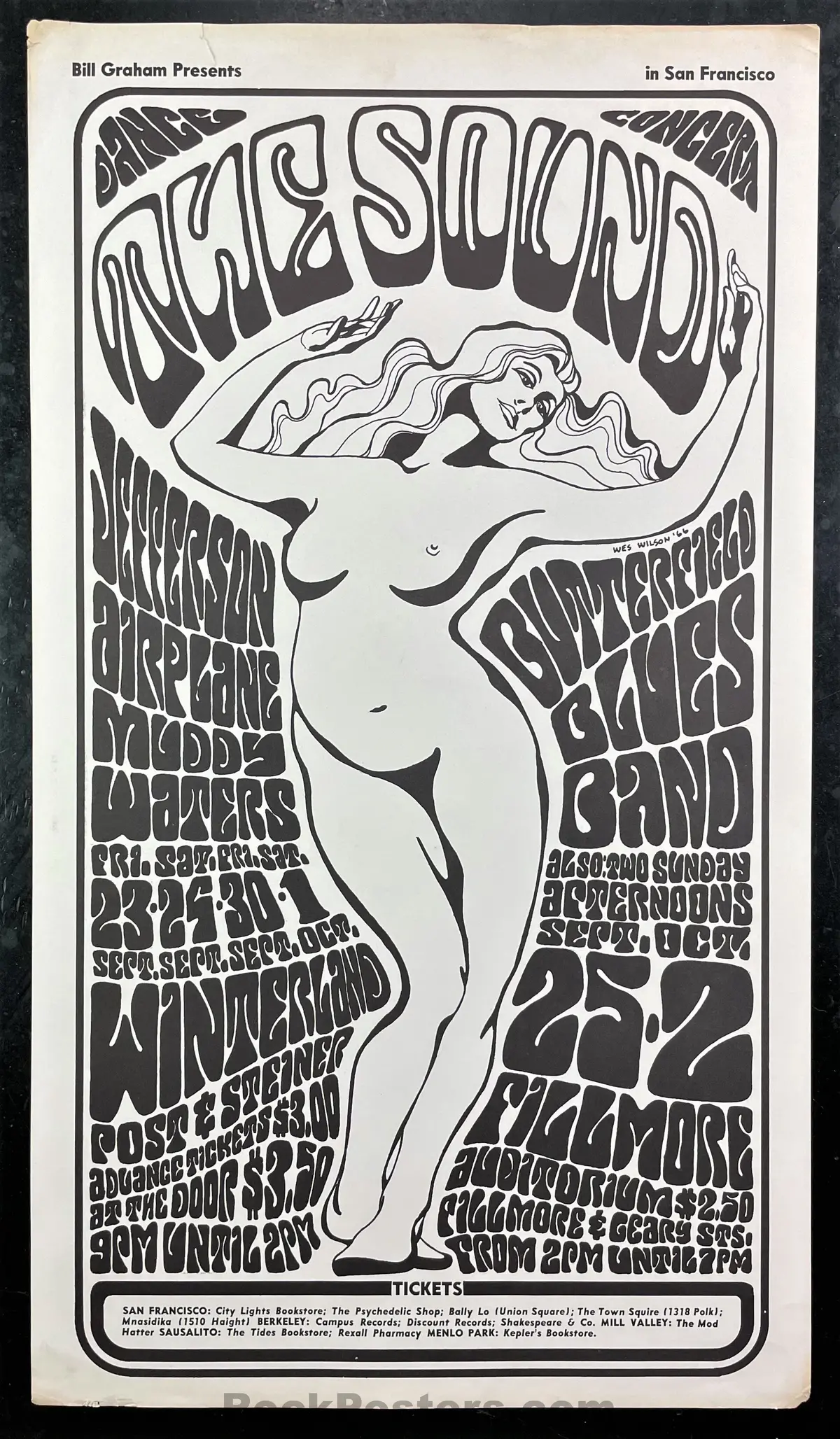 Auction - Bg-29 - Jefferson Airplane - Wes Wiison - 1966 B&W Poster - Fillmore Auditorium - Good 1