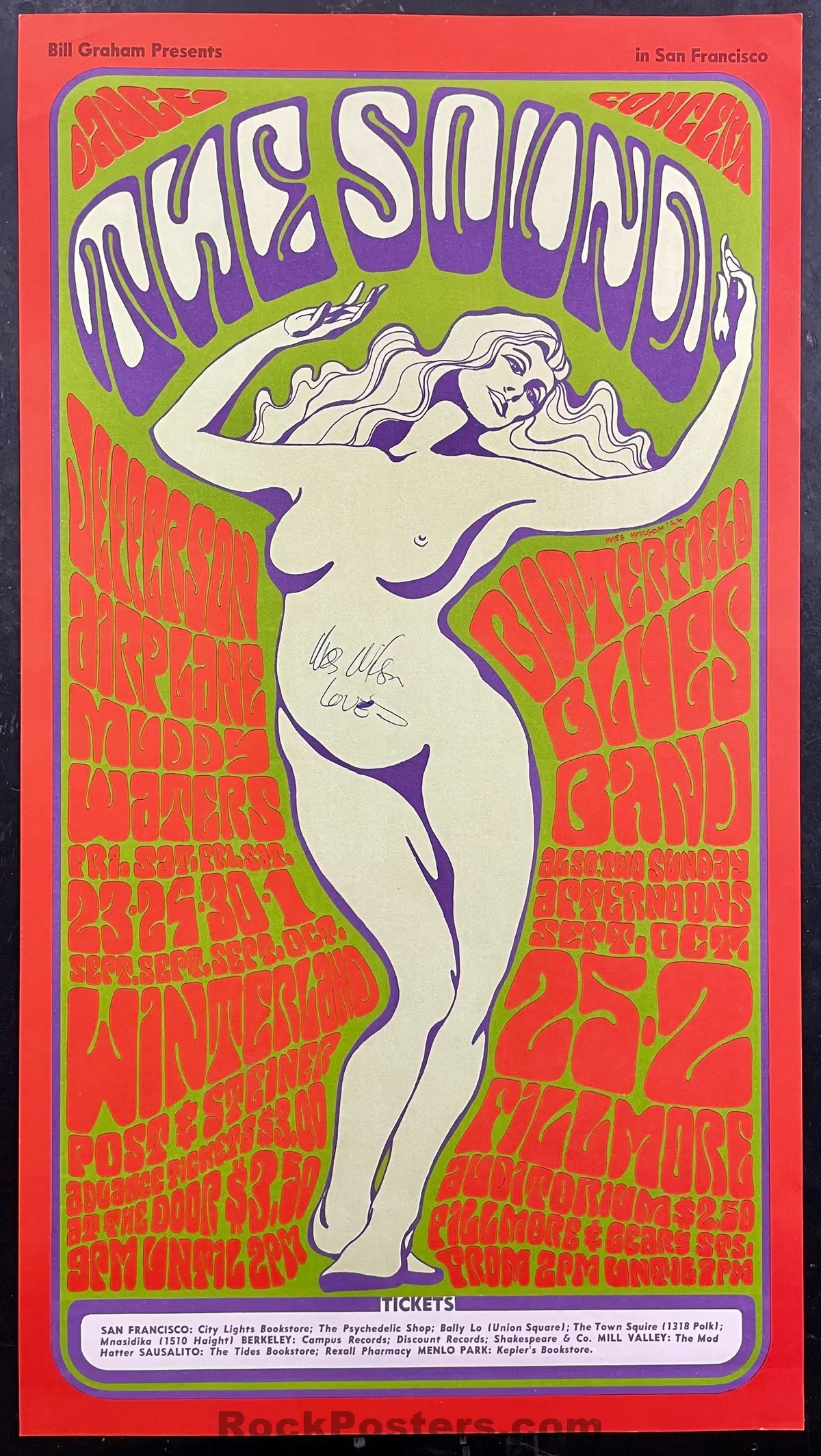 Auction - Bg-29 - Jefferson Airplane - Muddy Waters - Wes Wilson Signed - 1966  Poster - Fillmore & Winterland - Excellent 1