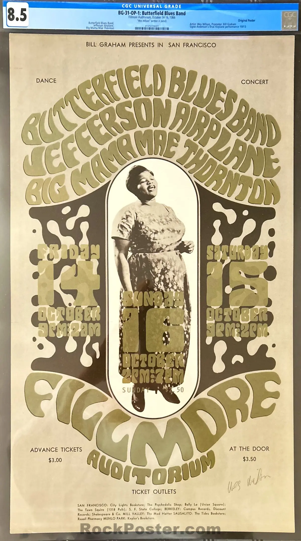Auction - Bg-31 - Jefferson Airplane - Wes Wilson Signed - 1966 Poster - Fillmore Auditorium - Cgc Graded 8.5 1