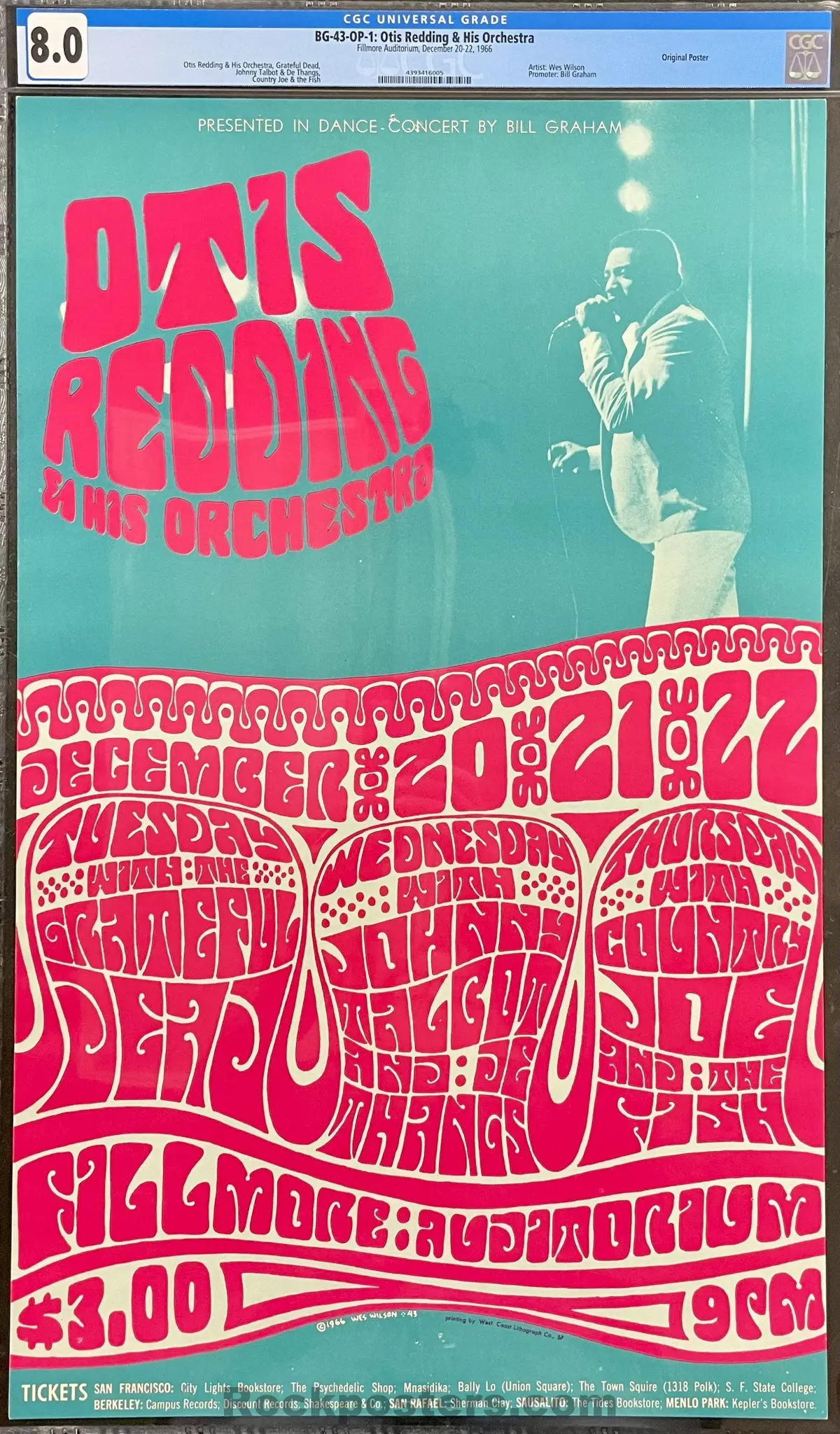 Auction - Bg-43 - Otis Redding/Grateful Dead - Wes Wilson - 1966 Poster - Fillmore Auditorium - Cgc Graded 8.0 1
