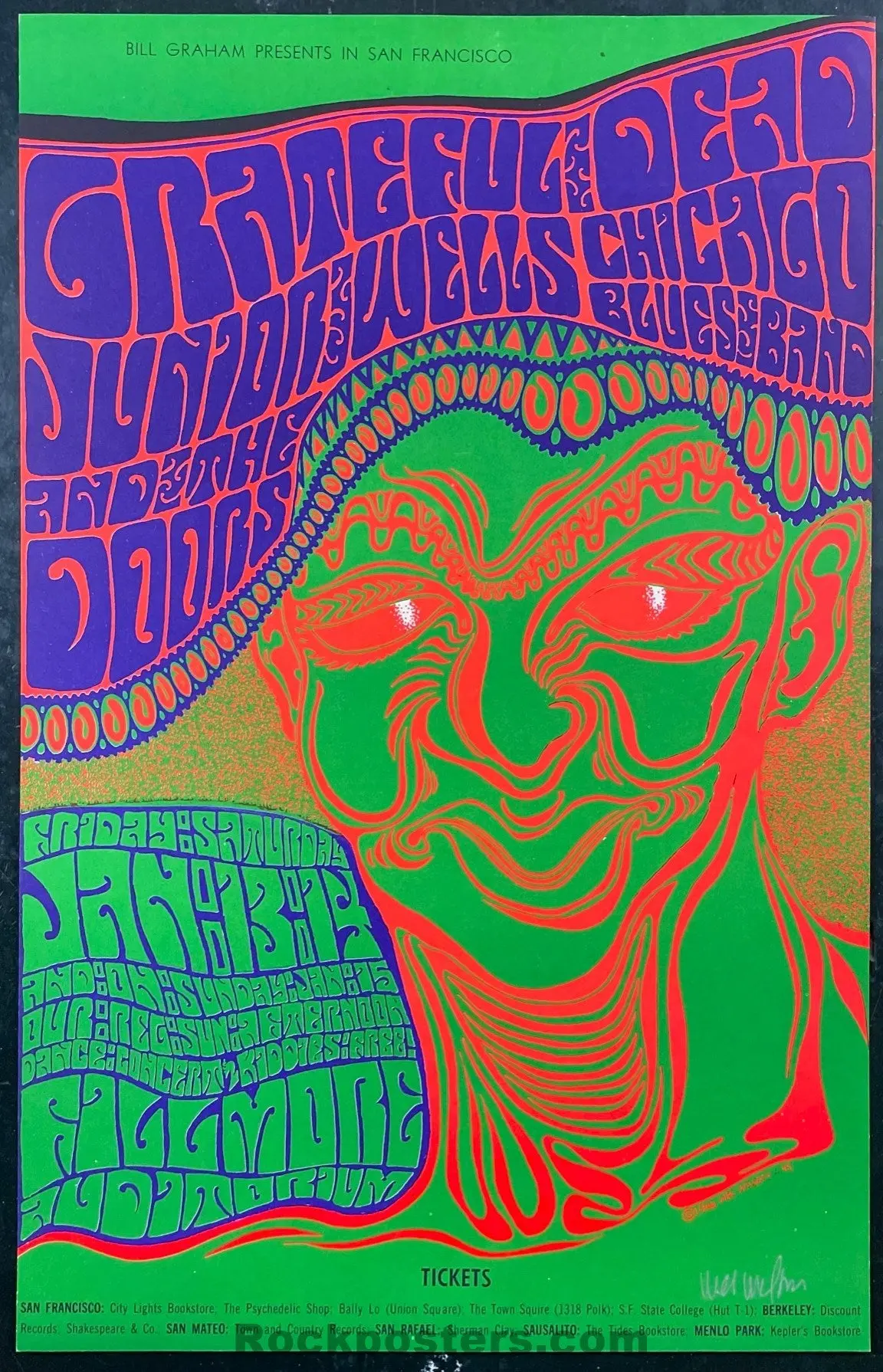 Auction - Bg-45 - Grateful Dead Doors - Wes Wilson Signed - 1967 Poster - Fillmore Auditorium - Near Mint Minus 1