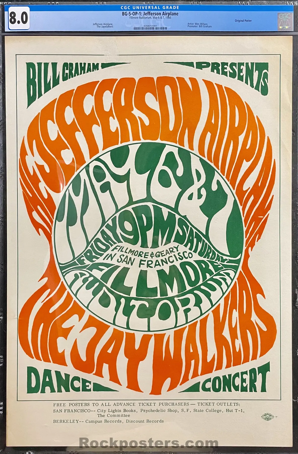 Auction - Bg-5 - Jefferson Airplane - Wes Wilson - 1966 Poster - Fillmore Auditorium - Cgc Graded 8.0 1