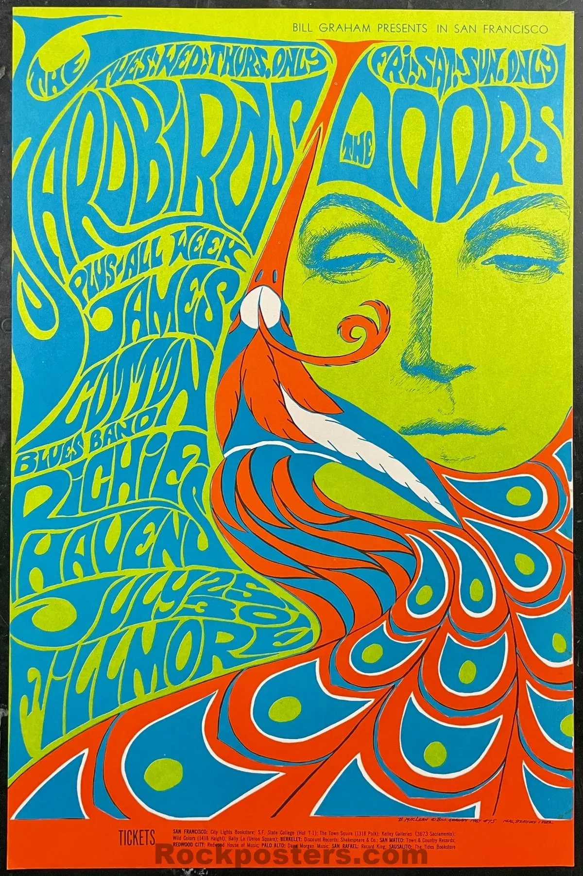 Auction - Bg-75 - The Doors - Yardbirds - Bonnie Maclean - 1967 Poster - Fillmore Auditorium - Near Mint 1