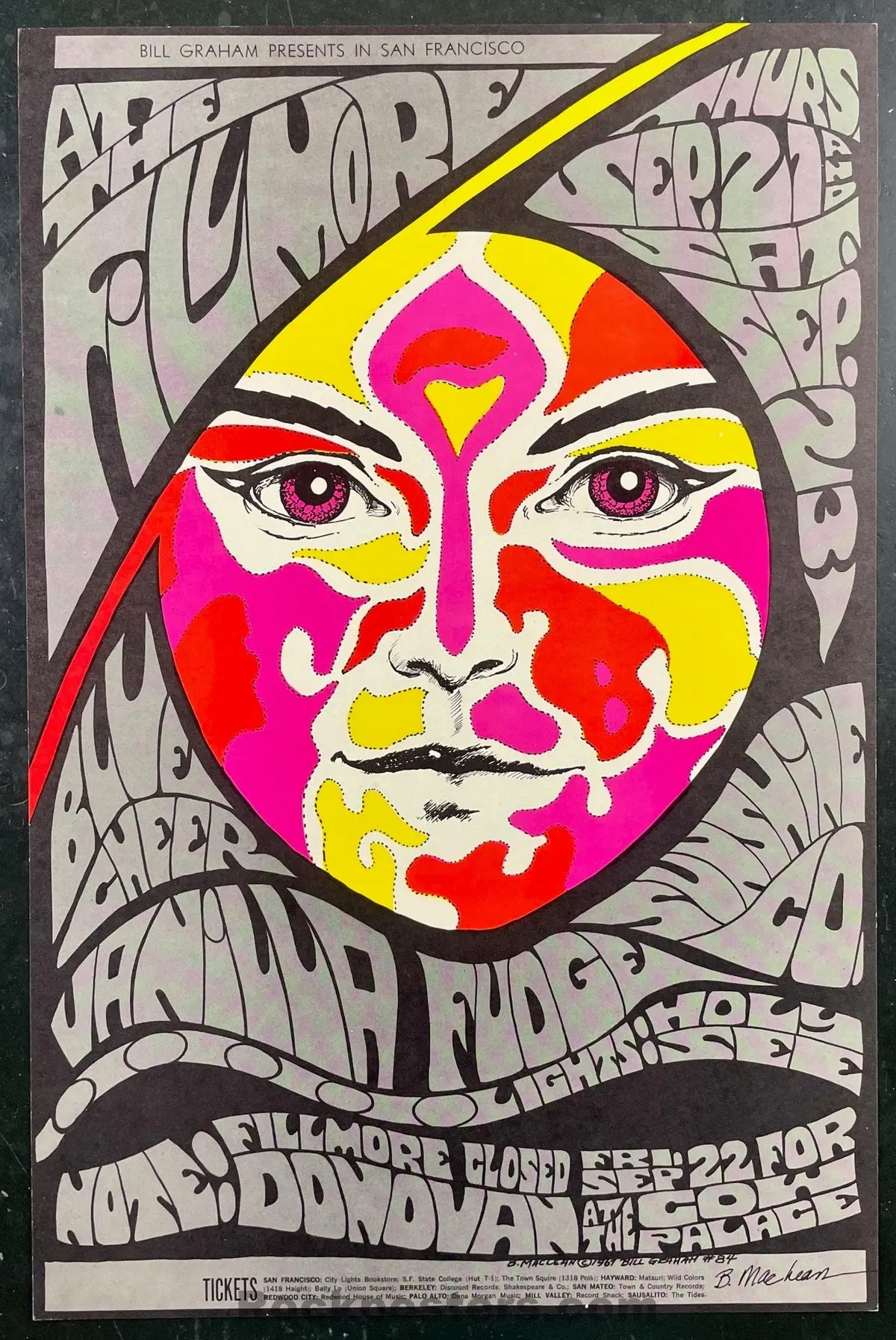 Auction - Bg-84 - Blue Cheer - Vanilla Fudge - Bonnie Maclean Signed - 1967 Poster - Fillmore Auditorium - Near Mint 1