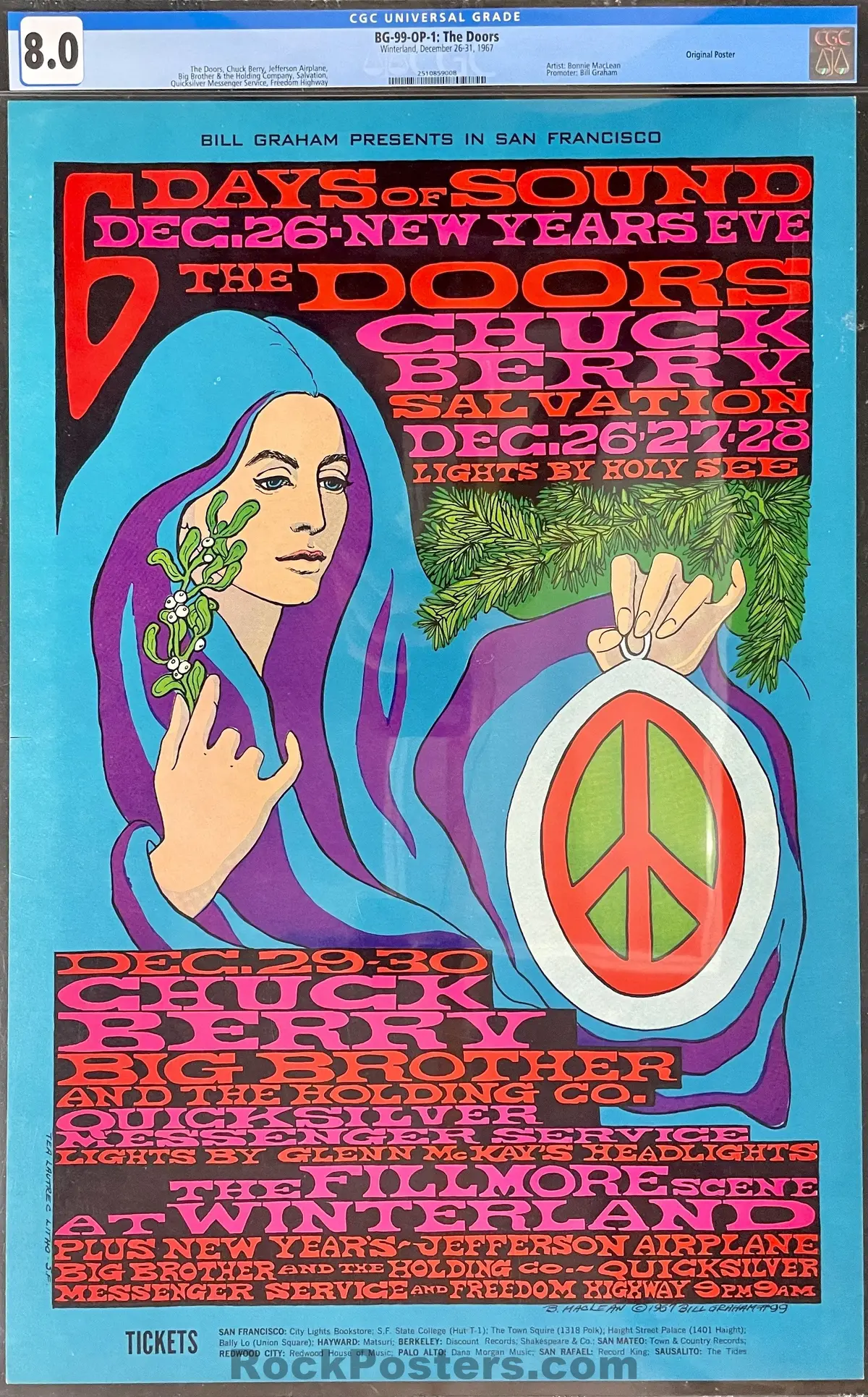 Auction - Bg-99 - The Doors Jefferson Airplane - Bonnie Maclean - 1967 Poster - Fillmore Auditorium - Cgc Graded 8.0 1