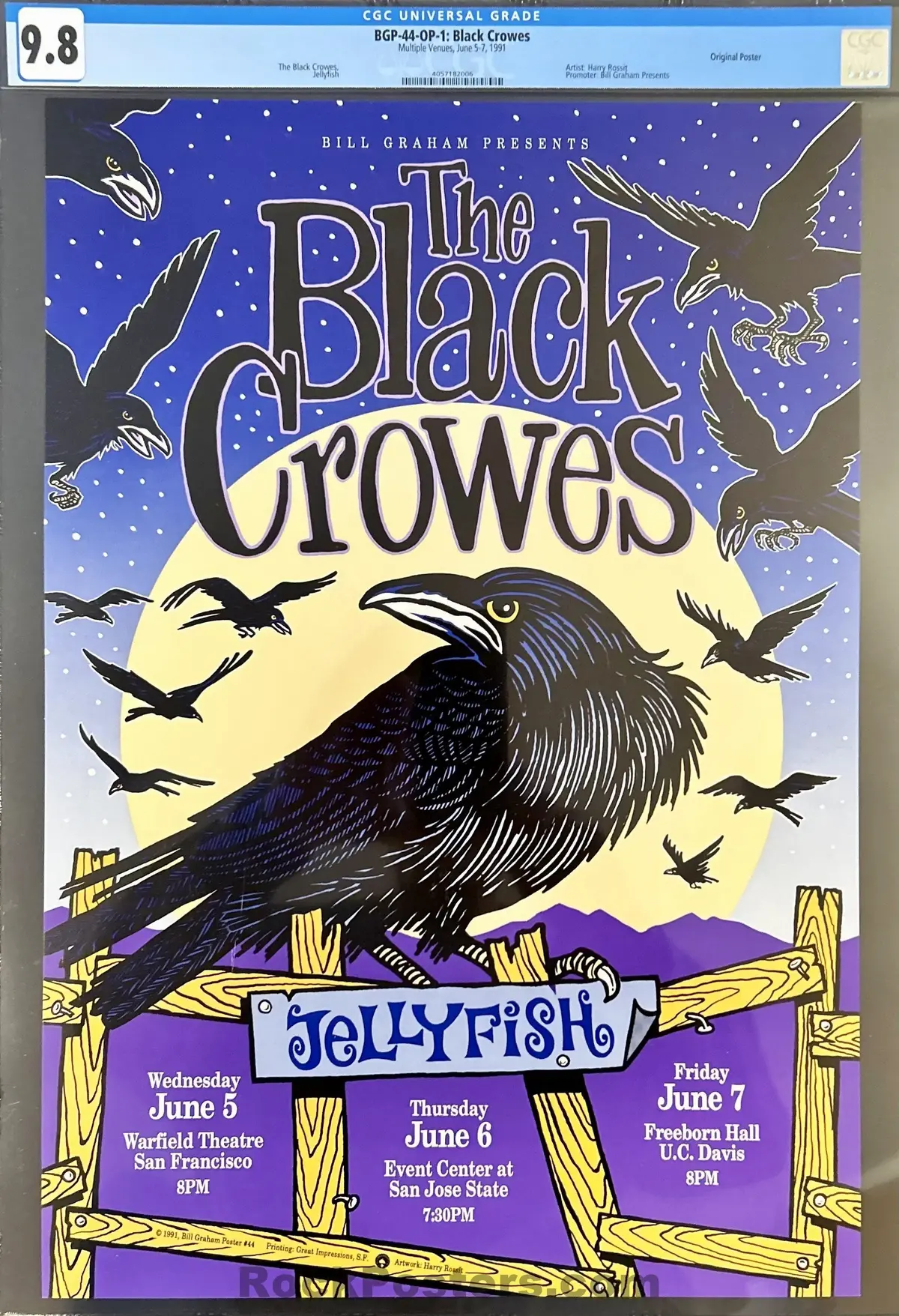 Auction - Bgp-44 - The  Black Crowes - Harry Rossit - 1991 Poster - Warfield Theatre - Cgc Graded 9.8 1