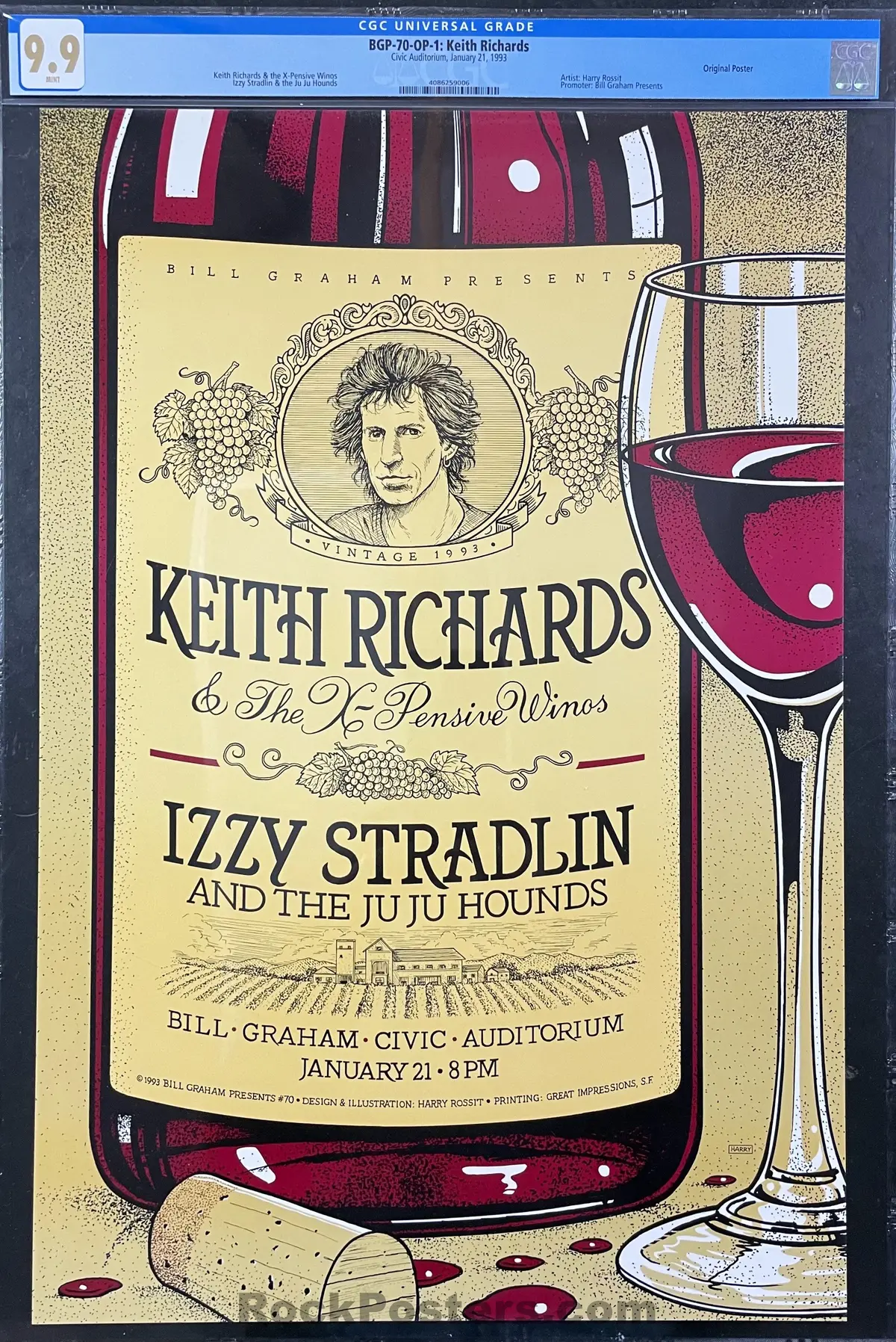 Auction - Bgp-70 - Keith Richards - 1993 Poster - Bill Graham Civic - Cgc Graded 9.9 Mint 1