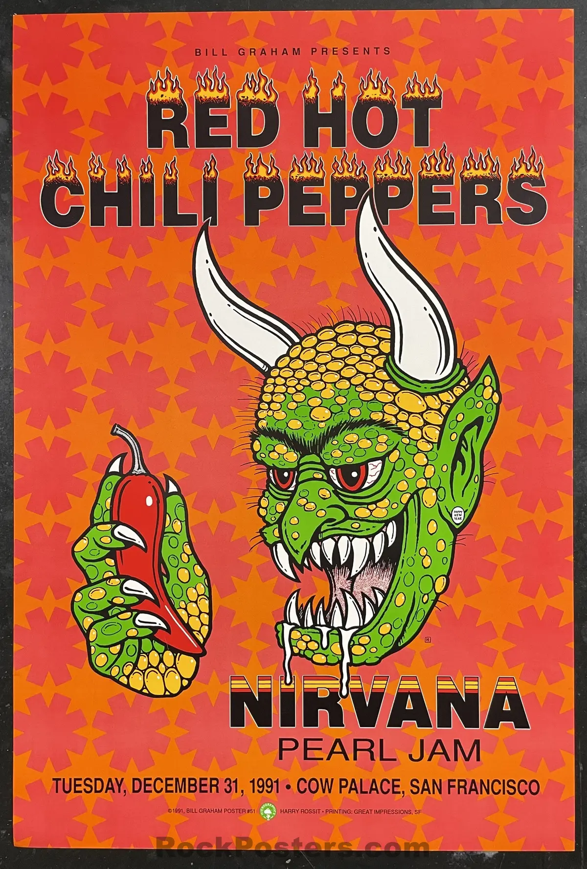 Auction - Bgp-51 - Red Hot Chili Peppers - Nirvana Pearl Jam - 1991 Poster - Cow Palace - Near Mint 1