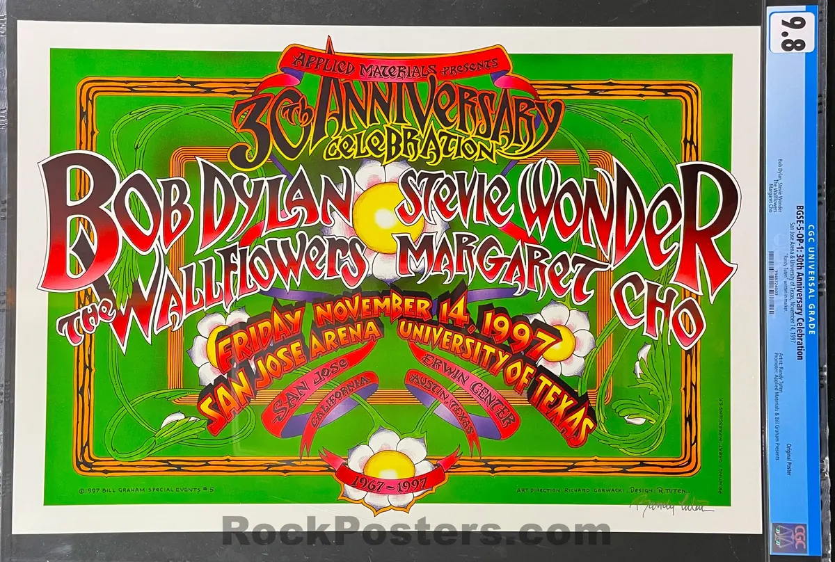 Auction - Bgse-5 - Bob Dylan/Stevie Wonder - Randy Tuten Signed - 1997 Poster - San Jose Arena - Cgc Graded 9.8 1