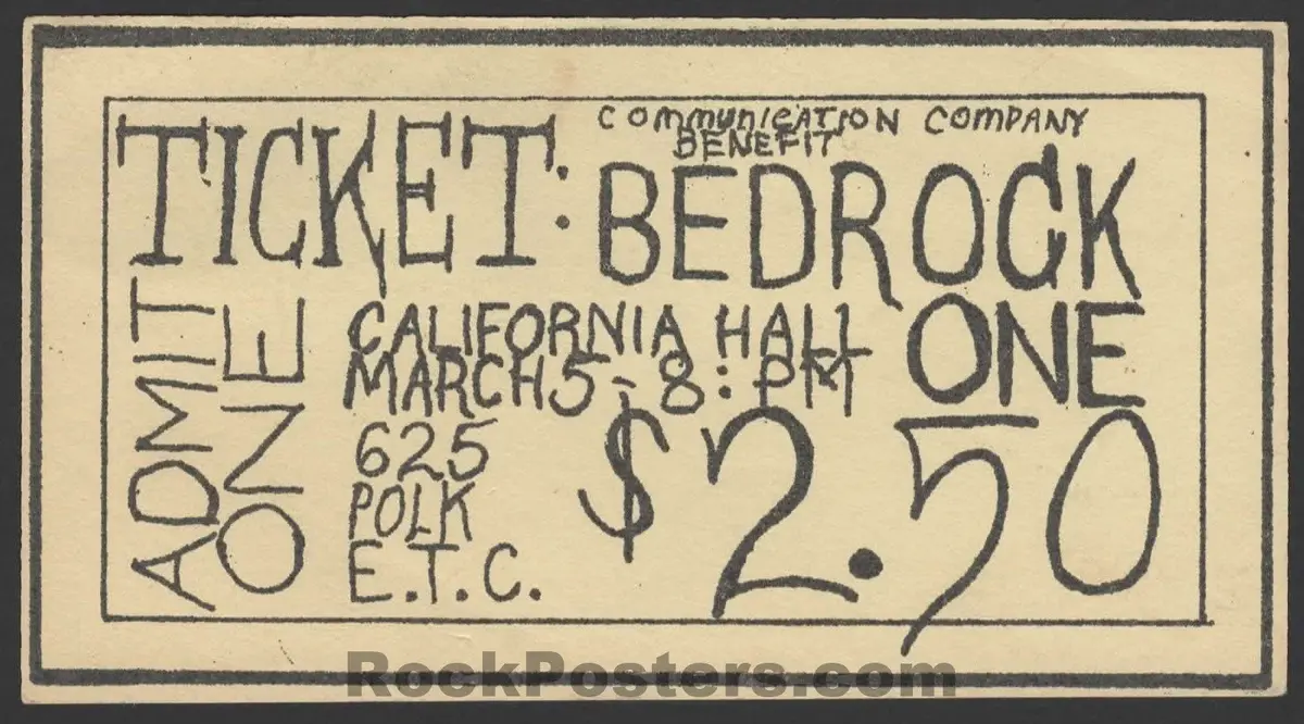 Auction - Aor 2.153 - Bedrock One - 1967 Ticket - California Hall - Near Mint Minus 1