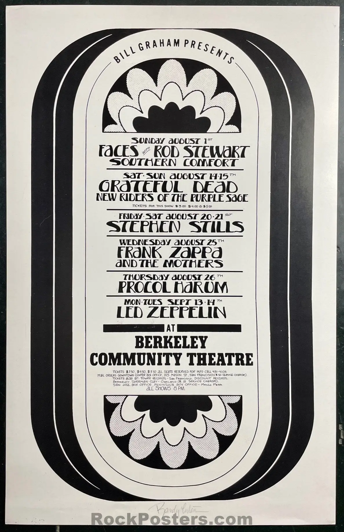 Auction -  Grateful Dead - Zappa Led Zeppelin - Randy Tuten Signed - Berkeley Community - 1971 Poster - Excellent 1