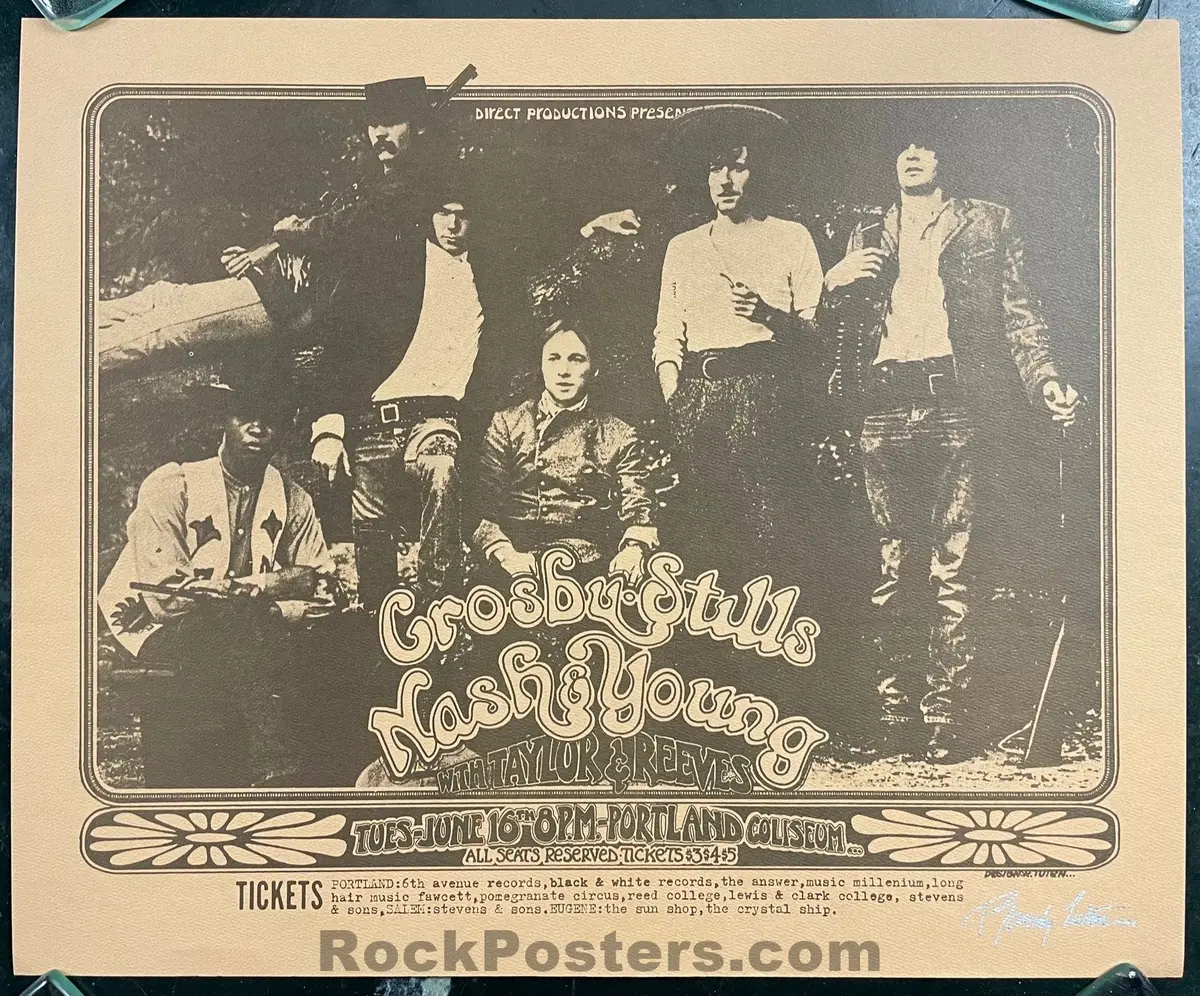 Auction - Crosby, Stills Nash & Young - Randy Tuten Signed - Portland - 1970 Concert Poster - Near Mint Minus 1