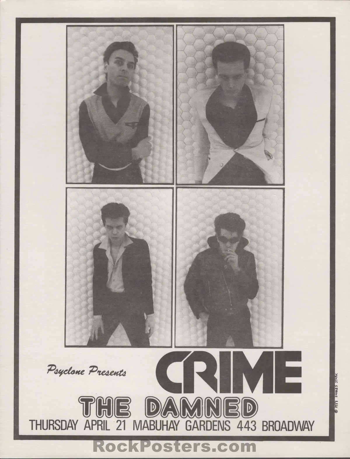 Auction - Crime - The Damned - James Stark - 1977 Punk Flyer - Mabuhay Gardens - Near Mint Minus 1