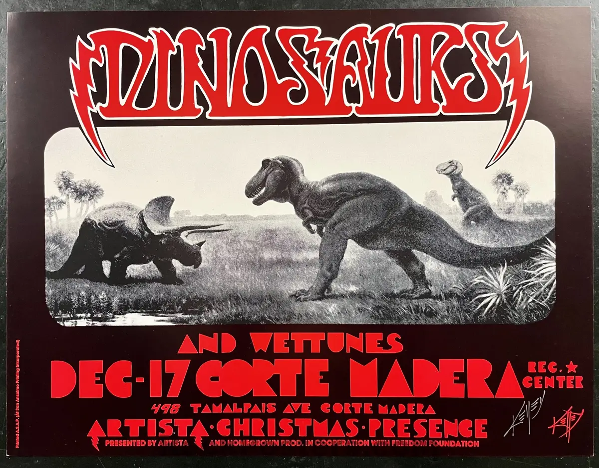 Auction -  Alton Kelley Collection - Dinosaurs - 1983 Poster - Kelley Double Signed - Corte Madera - Excellent 1