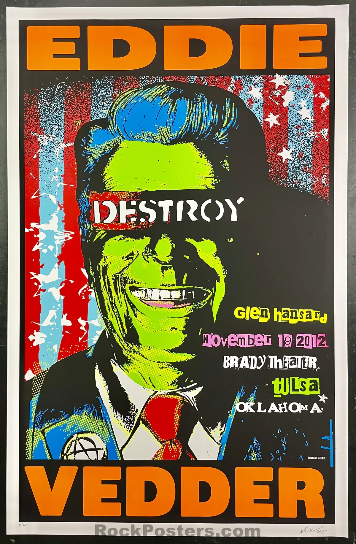 Auction - Eddie Vedder - Tulsa' 12 - Kozik Signed & Numbered - 1St Edition Poster - Near Mint Minus 1