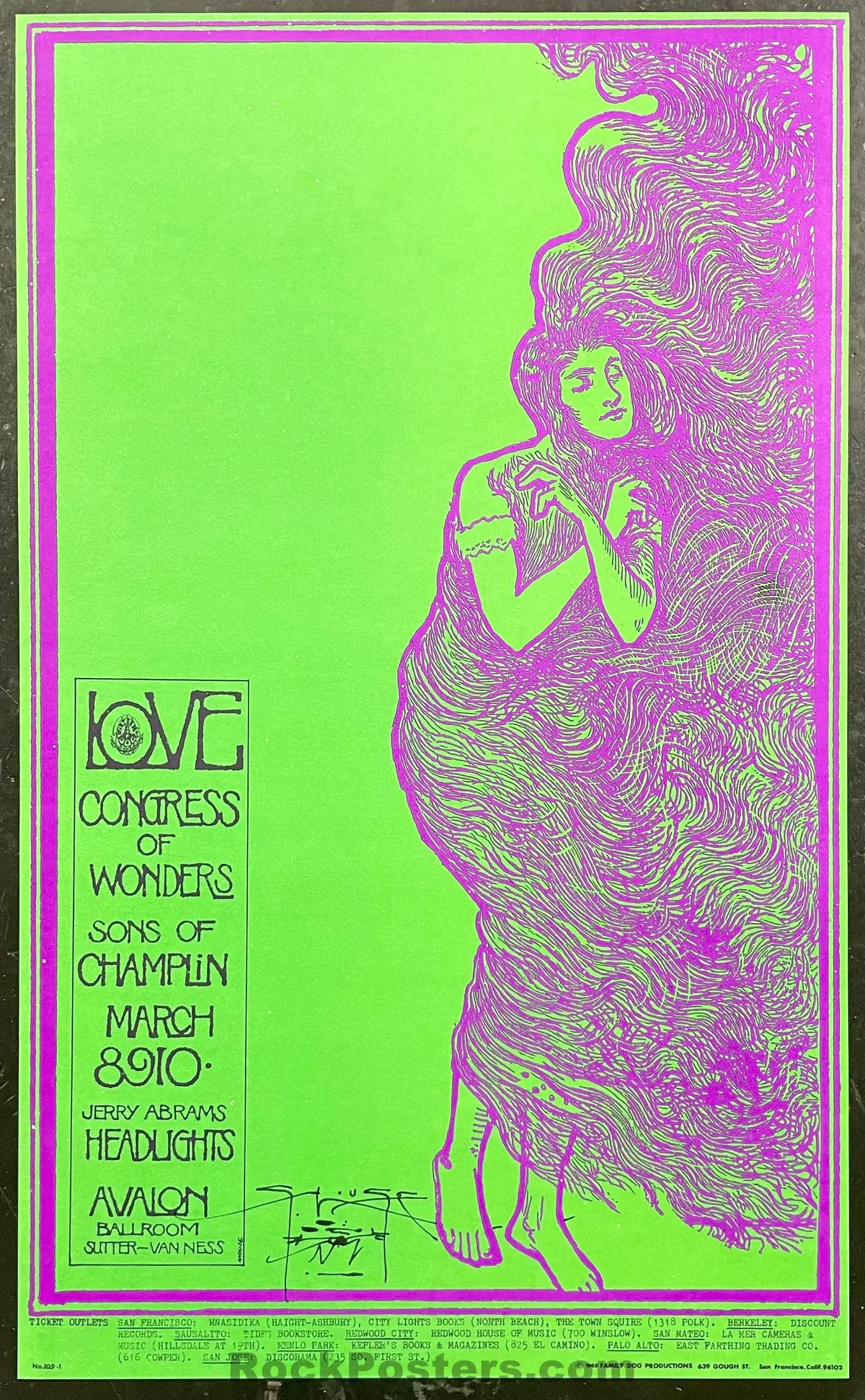 Auction - Fd-109 - Love Arthur Lee - Stanley Mouse Signed - 1968 Poster - Avalon Ballroom - Near Mint 1