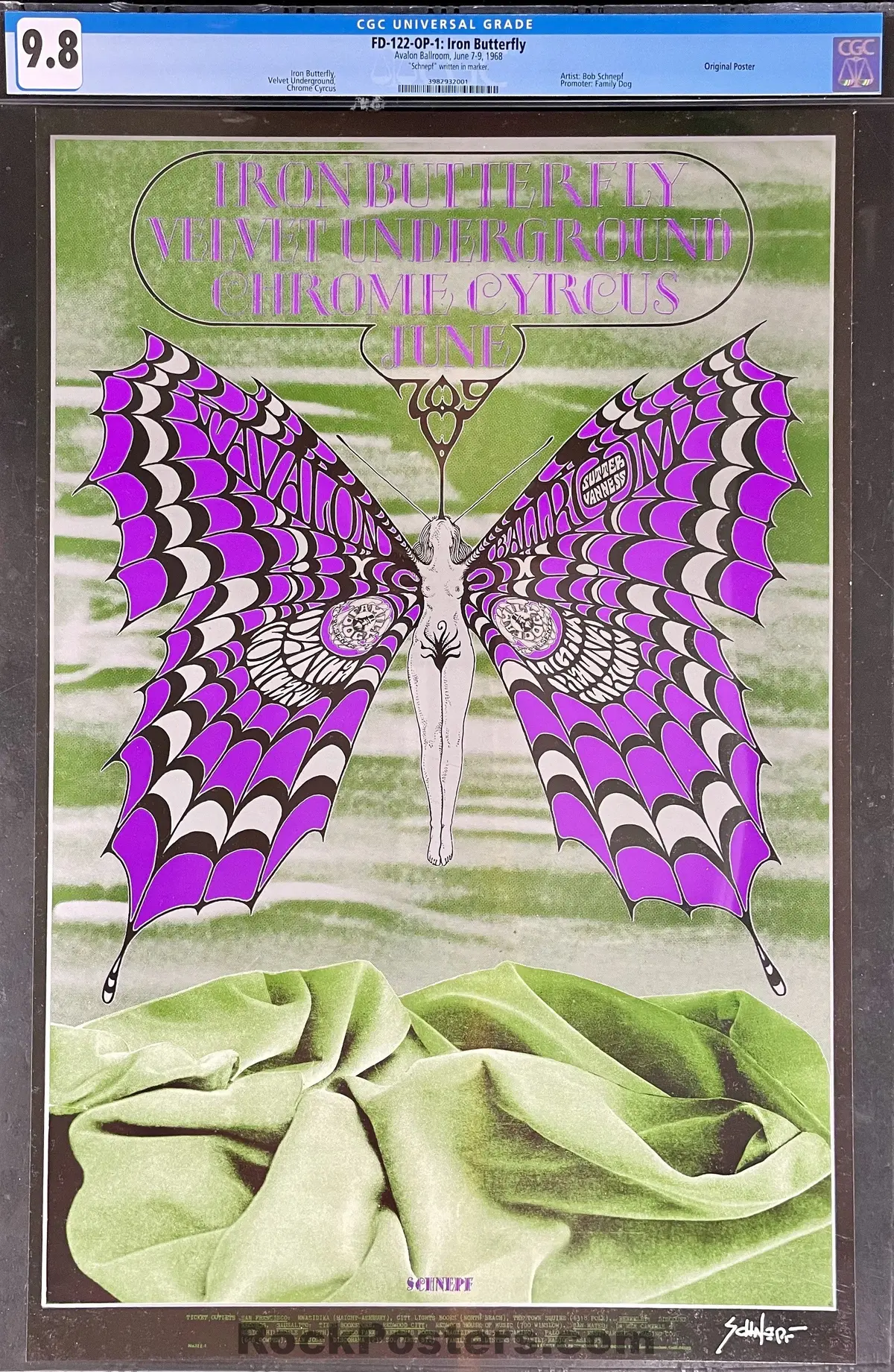 Auction - Fd-122 - Velvet Underground - Bob Schnepf Signed - 1968 Poster - Avalon Ballroom - Cgc Graded 9.8 1