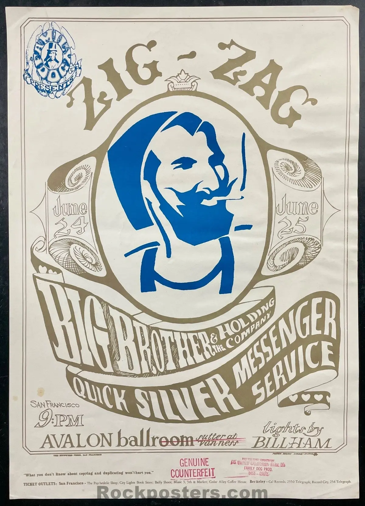 Auction - Fd-14 - Zig-Zag Man - "Genuine Counterfeit" - Mouse & Kelley - 1966 Poster - Avalon Ballroom - Excellent 1