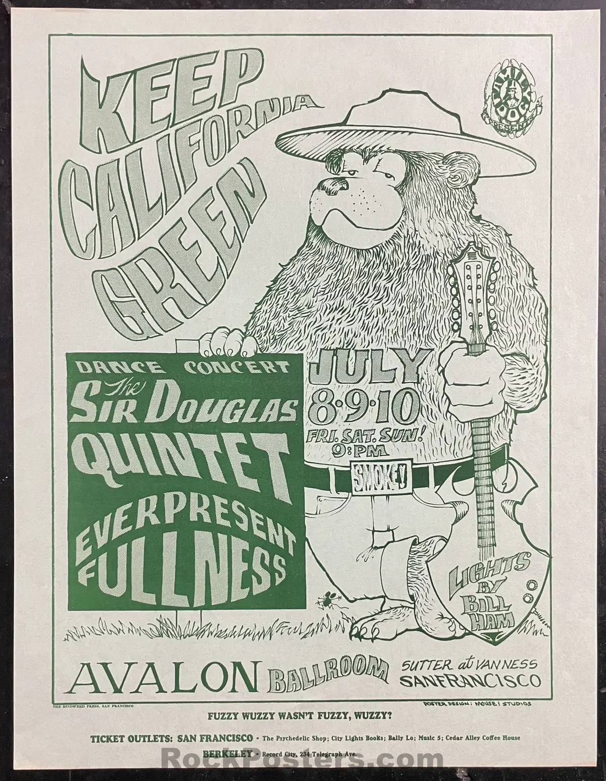 Auction - Fd-16 - Smokey The Bear - Mouse & Kelley - 1966 Handbill - Avalon Ballroom - Near Mint 1