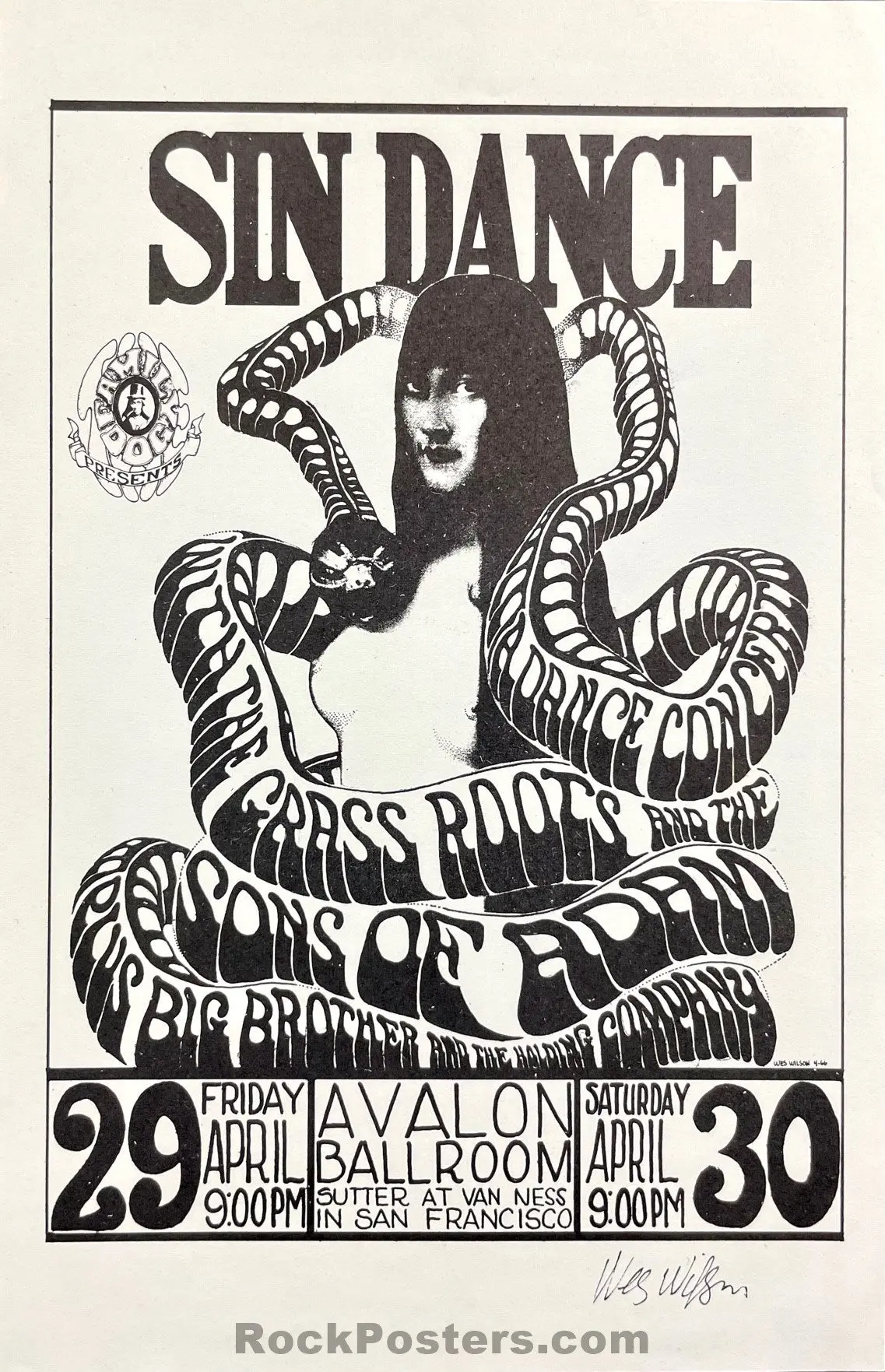 Auction - Fd-6 - Sin Dance - Wes Wilson Signed - 1966 Handbill - Avalon Ballroom - Near Mint 1