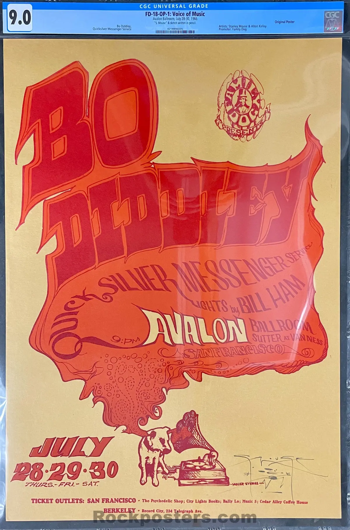 Auction - Fd-18 - Bo Diddley - Stanley Mouse Signed - 1966 Poster - Avalon Ballroom - Cgc Graded 9.0 1