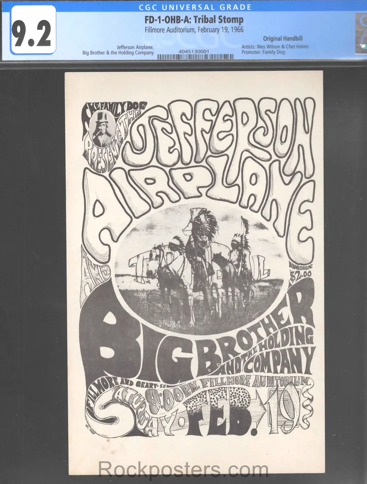 Auction - Fd-1 - Jefferson Airplane - Big Brother - 1966 Handbill - Fillmore Auditorium - Cgc Graded 9.2 1