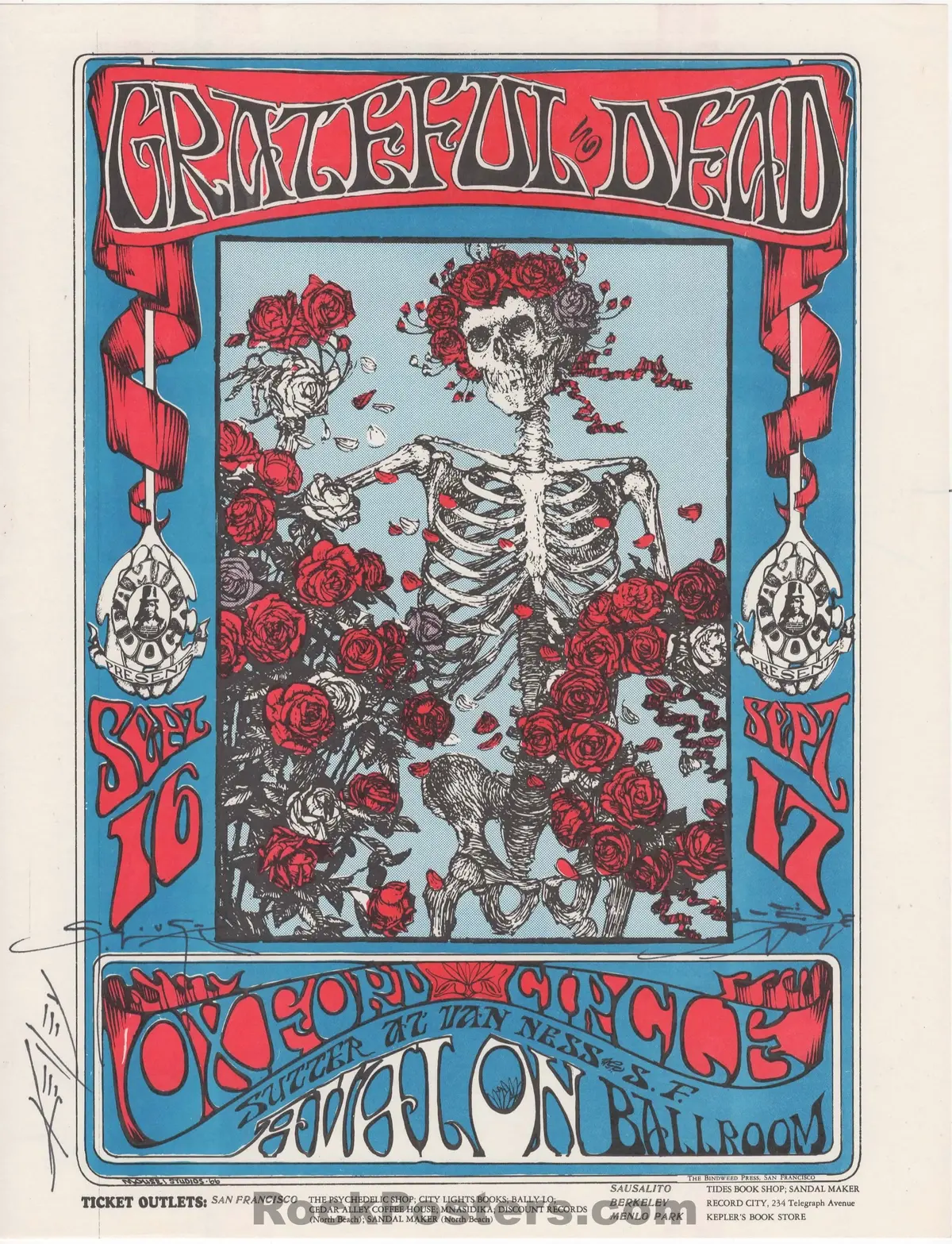 Auction - Fd-26 - Grateful Dead - Skeleton And Roses - Mouse & Kelley Signed - 1966 Handbill - Avalon Ballroom - Near Mint 1