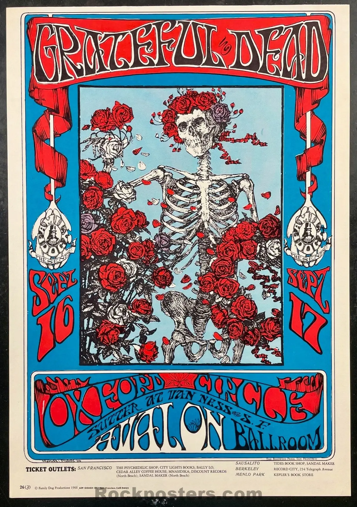 Auction - Fd-26-Rp-3 - Grateful Dead - Skeleton & Roses - Mouse & Kelley - 1966 Poster - Avalon Ballroom - Near Mint Minus 1