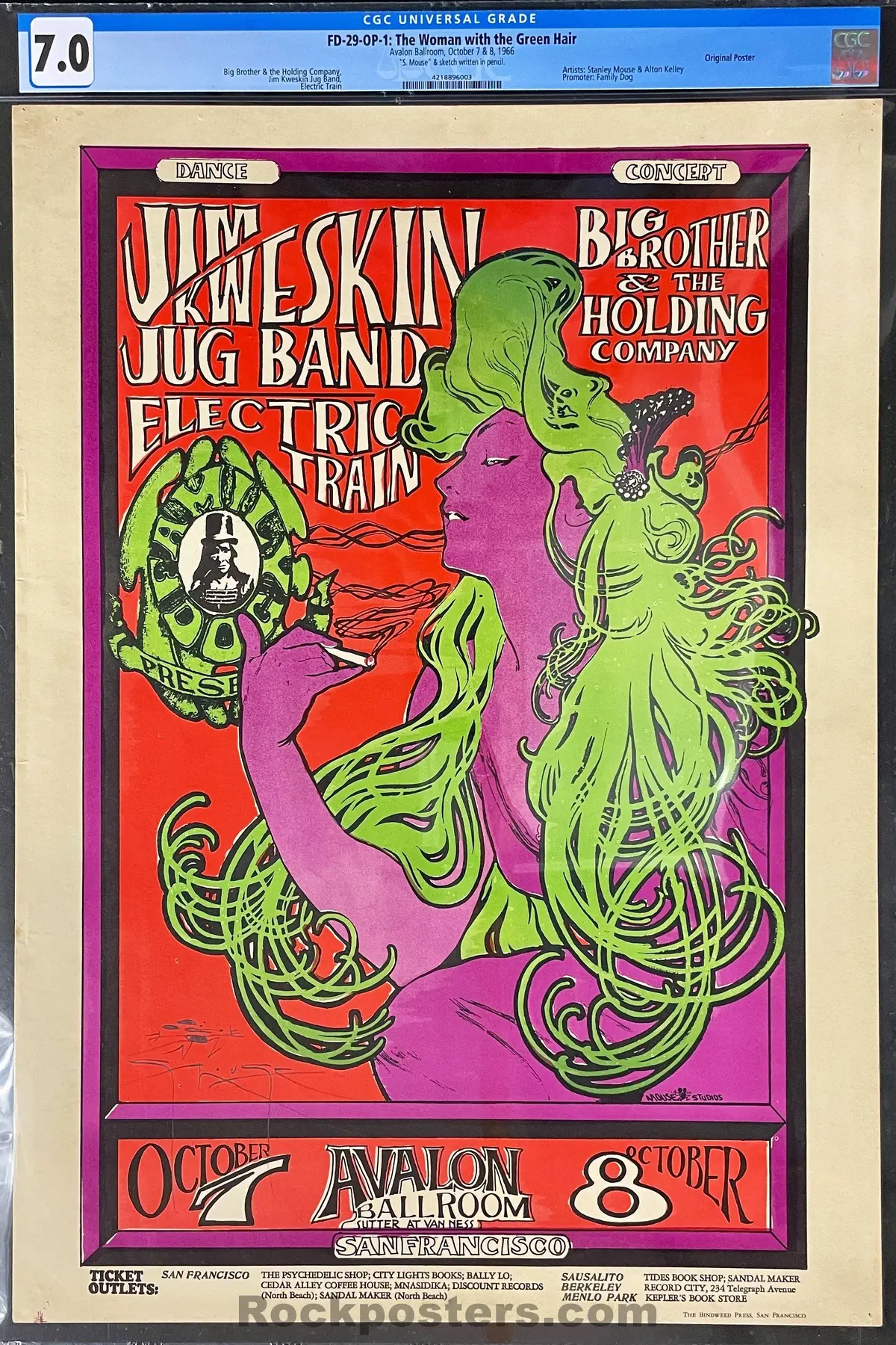 Auction - Fd-29 - Big Brother Janis Joplin - Stanley Mouse Signed - 1966 Poster - Avalon Ballroom - Cgc Graded 7.0 1
