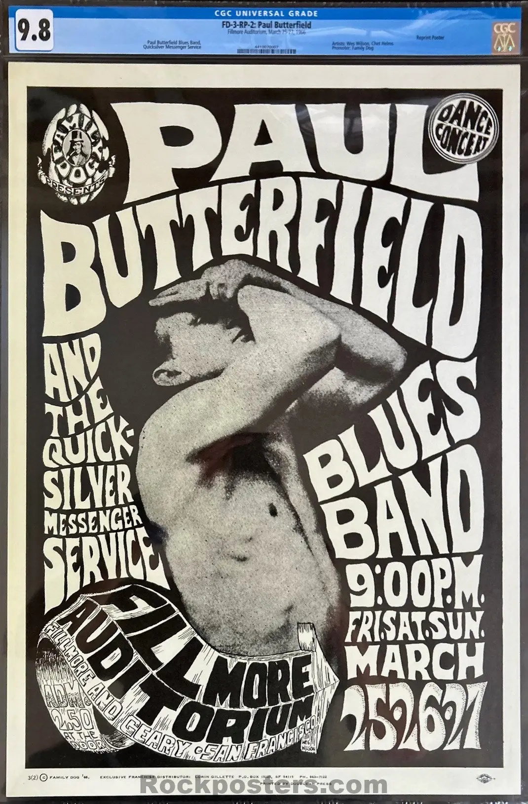 Auction -  Fd-3-Rp-2 - Butterfield Blues Band - Wes Wilson - 1966 Poster - Fillmore Auditorium - Cgc Graded 9.8 1