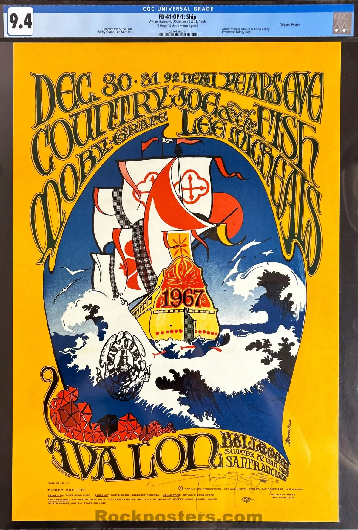 Auction - Fd-41 - Country Joe Moby Grape  - Stanley Mouse Signed - 1966 -67 Poster - Avalon Ballroom - Cgc Graded 9.4 1