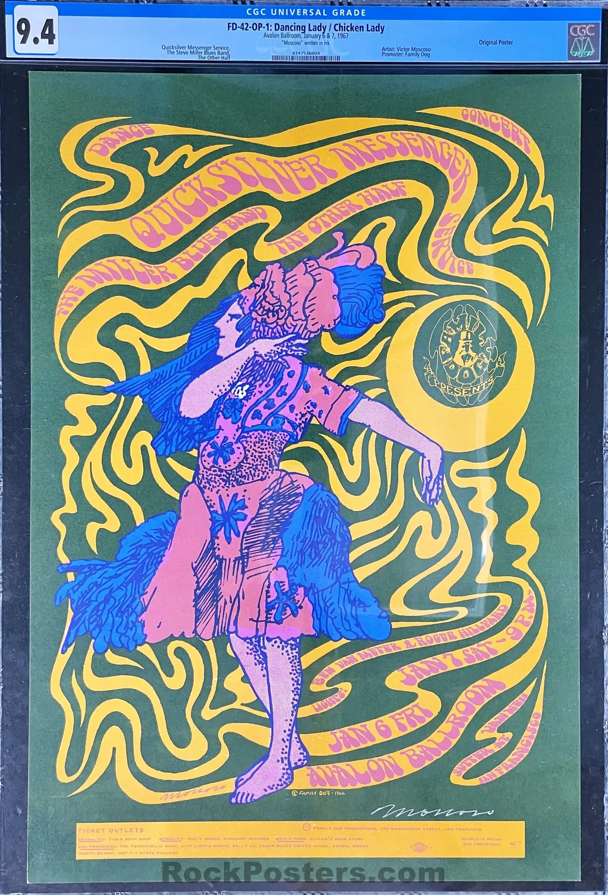 Auction - Fd-42 - Quicksilver Messenger - Victor Moscoso Signed - 1966 Poster -  Avalon Ballroom - Cgc Graded 9.4 1