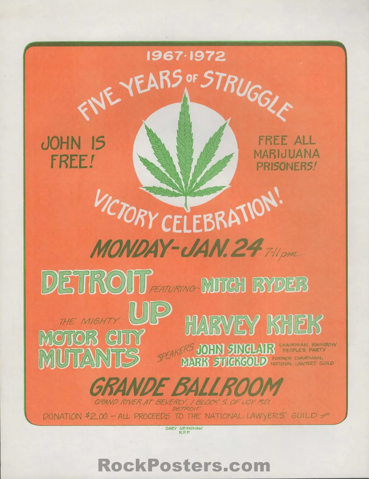 Auction - John Sinclair - Freedom Celebration - Gary Grimshaw - 1972 Handbill - Grande Ballroom - Near Mint 1