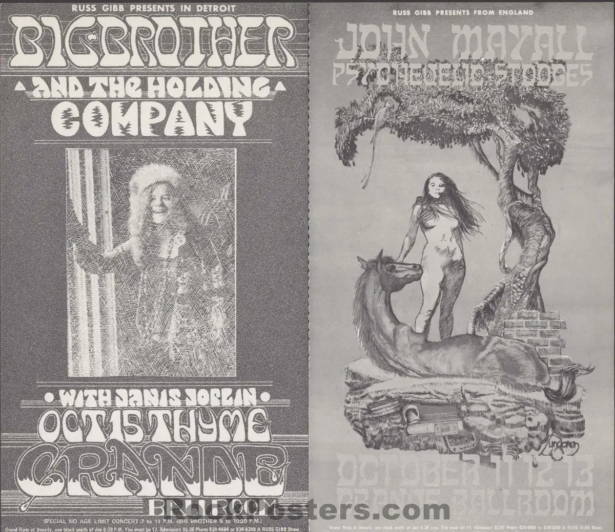 Auction - Big Brother Janis Joplin - Iggy Pop Stooges - 1968 Double Postcard - Grande Ballroom - Near Mint 1