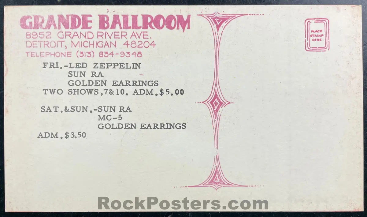 Auction - Led Zeppelin - Mc5 Sun Ra - 1969 Postcard - Grande Ballroom - Near Mint Minus 2