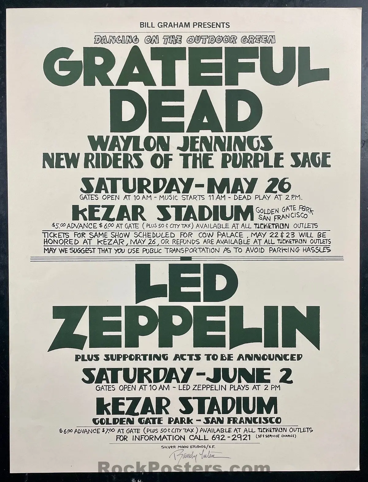 Auction - Grateful Dead/Led Zeppelin - Randy Tuten Signed - 1973 Poster - Kezar Stadium - Near Mint Minus 1