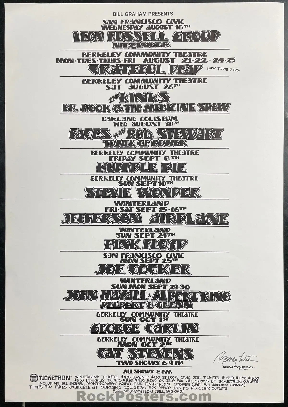 Auction - Grateful Dead - Pink Floyd - Stevie Wonder - Randy Tuten Signed - S.F. Civic/ Winterland - 1972 Calendar Poster - Excellent 1