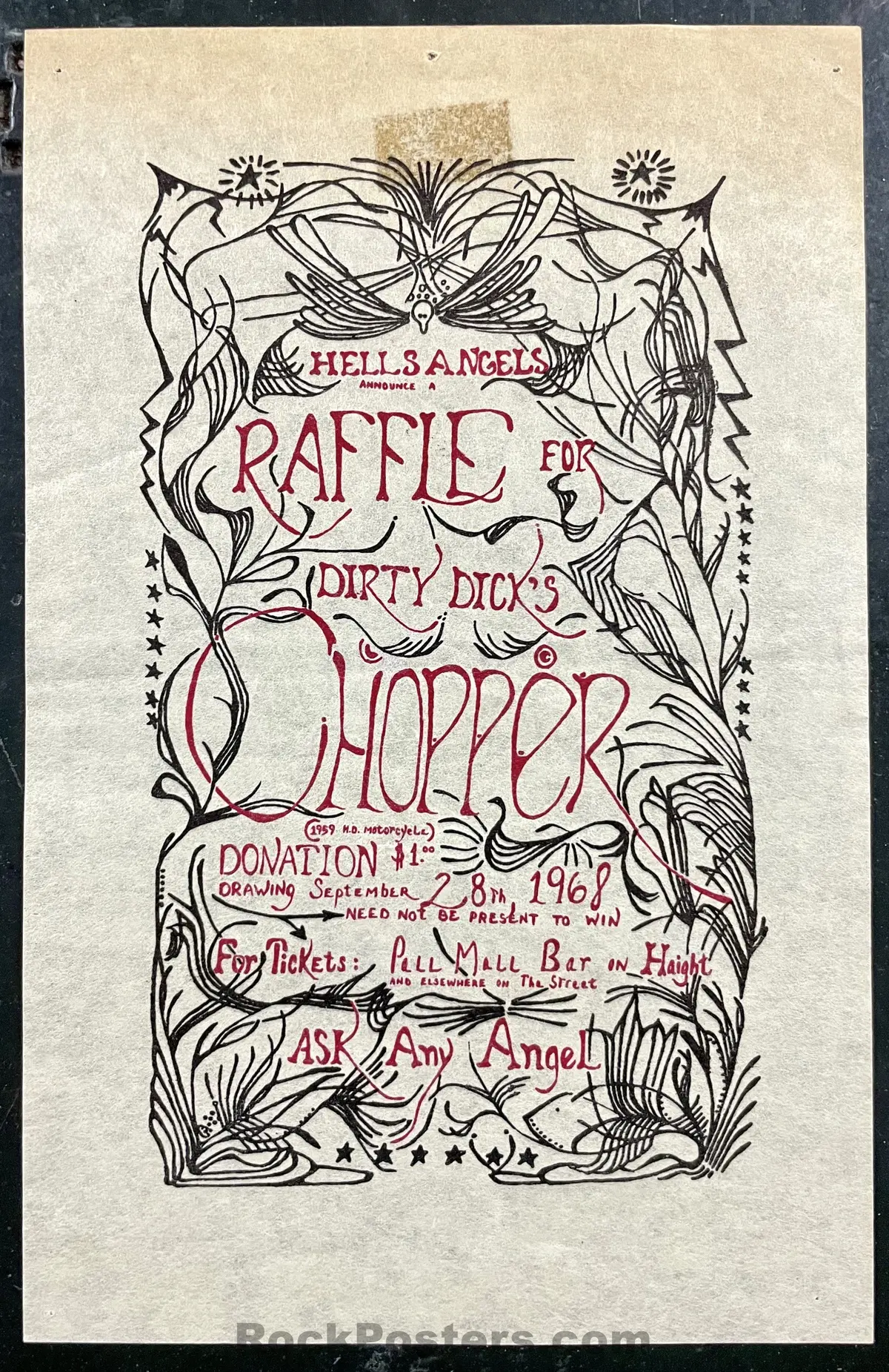 Auction - Hells Angels - Motorcycle Raffle - 1968 Handbill & Ticket - Excellent 1