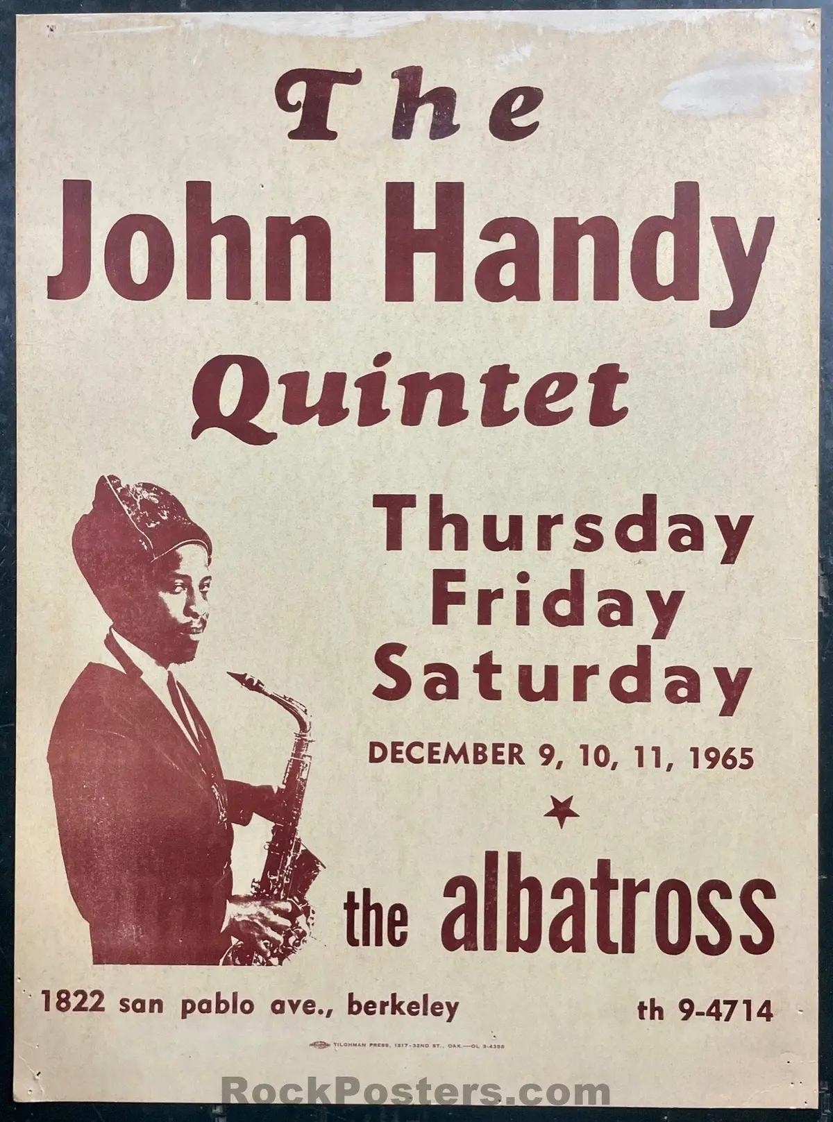 Auction - Jazz - John Handy - Berkeley - 1965 Board  Poster - Excellent 1